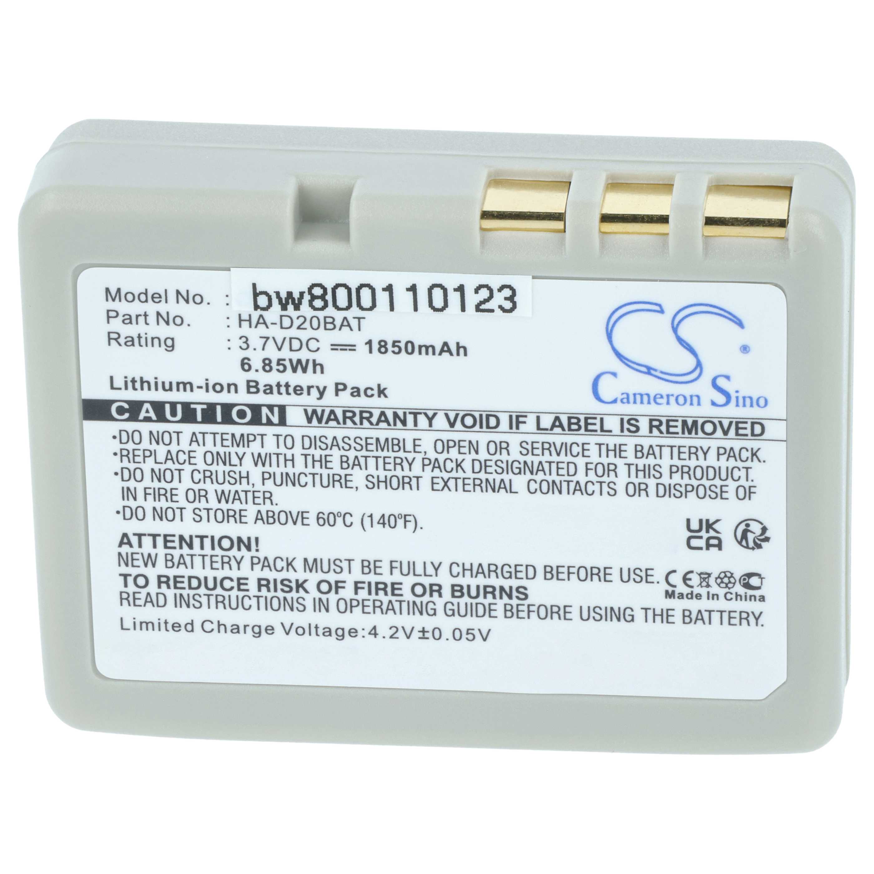 Batería reemplaza Casio HA-020LBAT, CA60L4-G, CA60L1-G para escáner código de barras (1850 mAh, 3,7 V, Li-Ion)