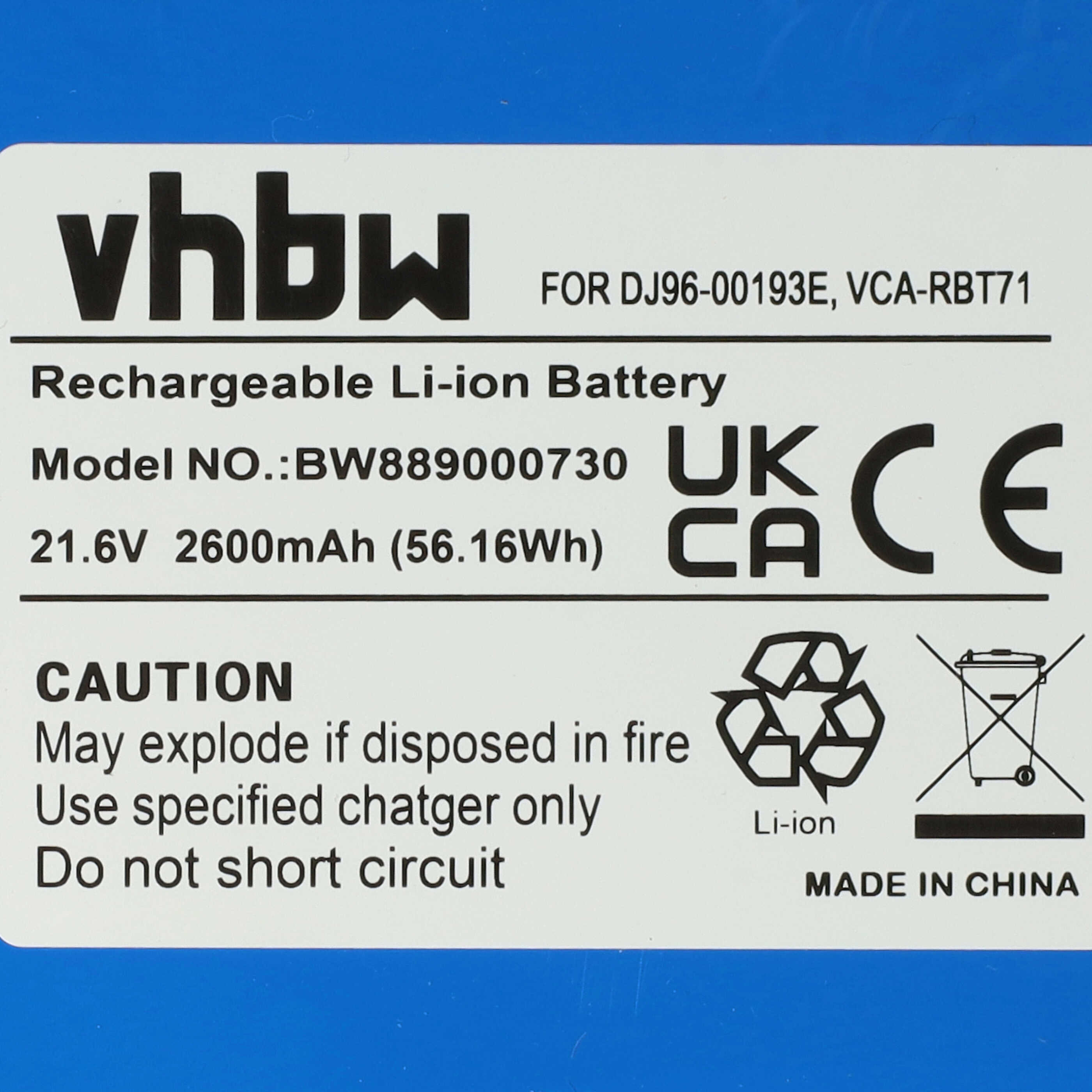 Batterie remplace Samsung DJ96-00193E, DJ96-00202A, DJ96-00193C pour robot aspirateur - 2600mAh 21,6V Li-ion