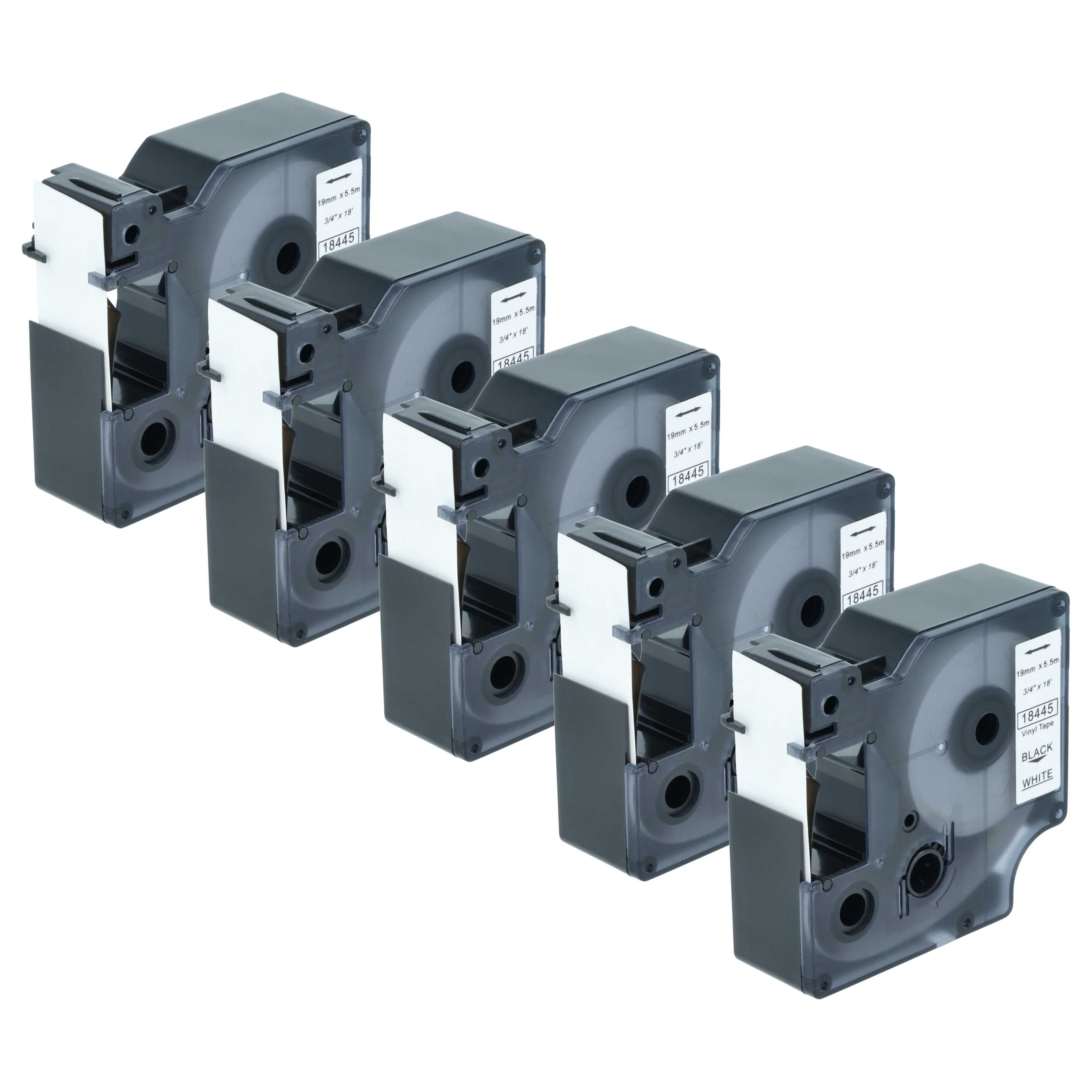 5x Schriftband als Ersatz für Dymo 18445 u.a. 19mm Schwarz auf Weiß, Vinyl