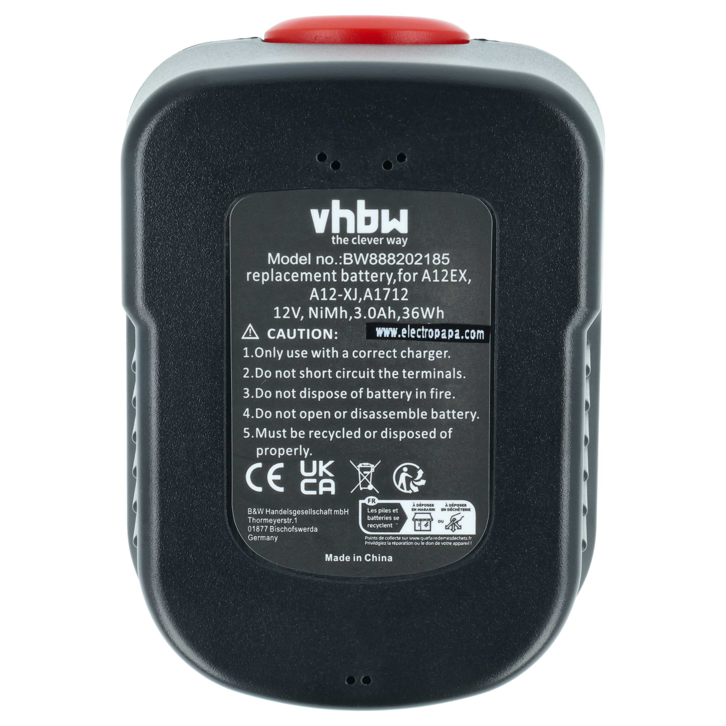 Battery replaces Black & Decker A12, A12-XJ, A12EX, A1712, A12E Electric Power Tool - 3000 mAh, 12 V, NiMH