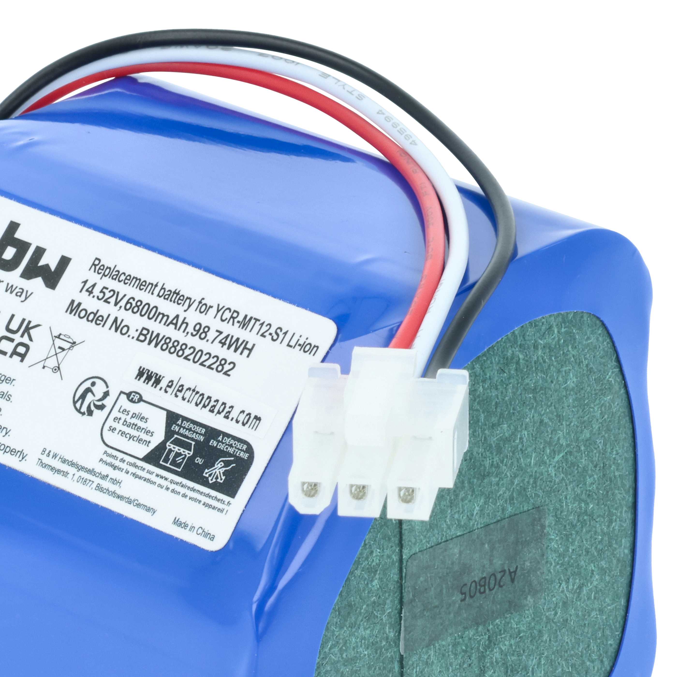Battery replaces iClebo YCR-MT12-S1, YCR-M07-20W for iClebo etc. 6800mAh, 14.52V, Li-Ion