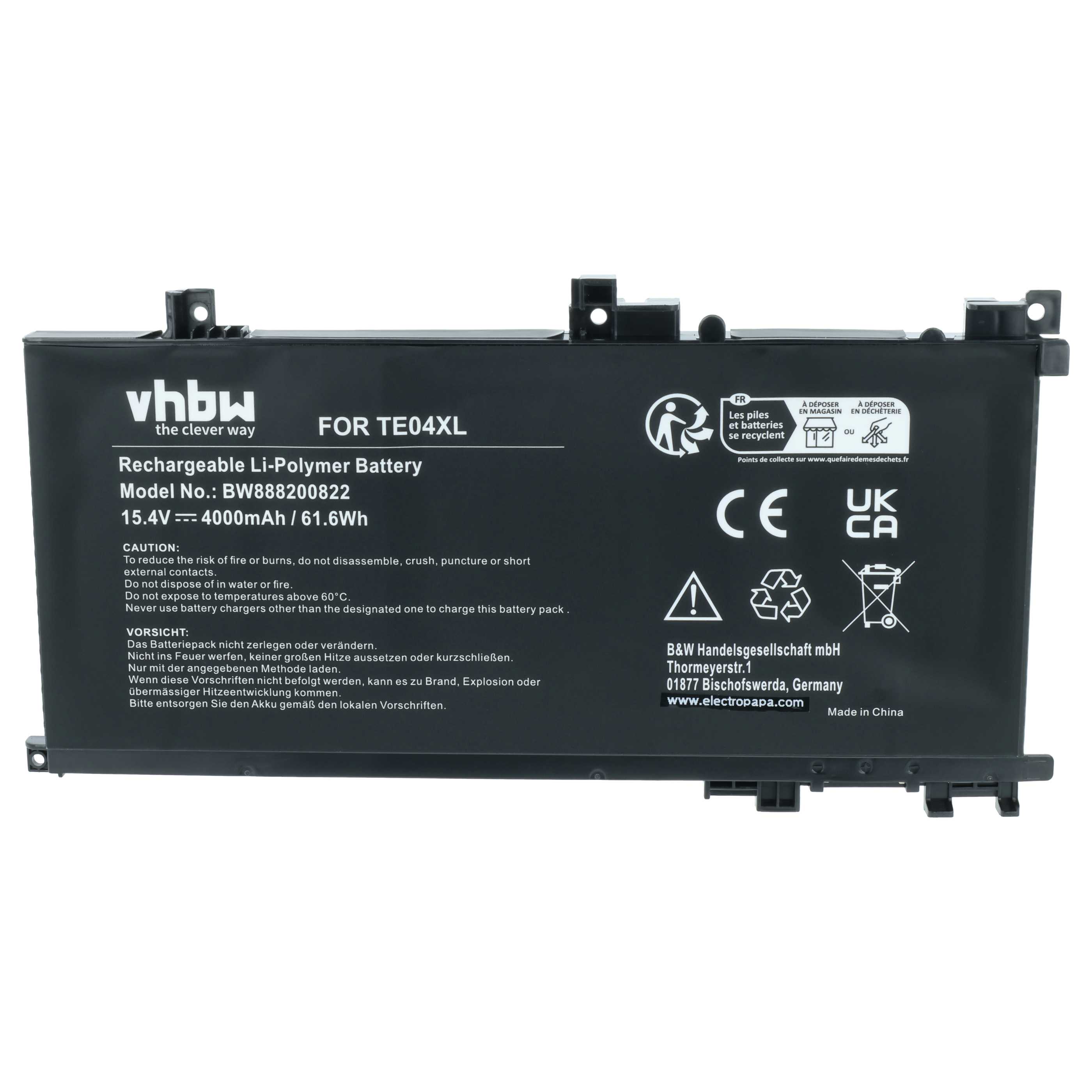 Batterie remplace HP 15-AX033TX, 905175-271 pour ordinateur portable HP- 4000mAh 15,4V Li-polymère, noir
