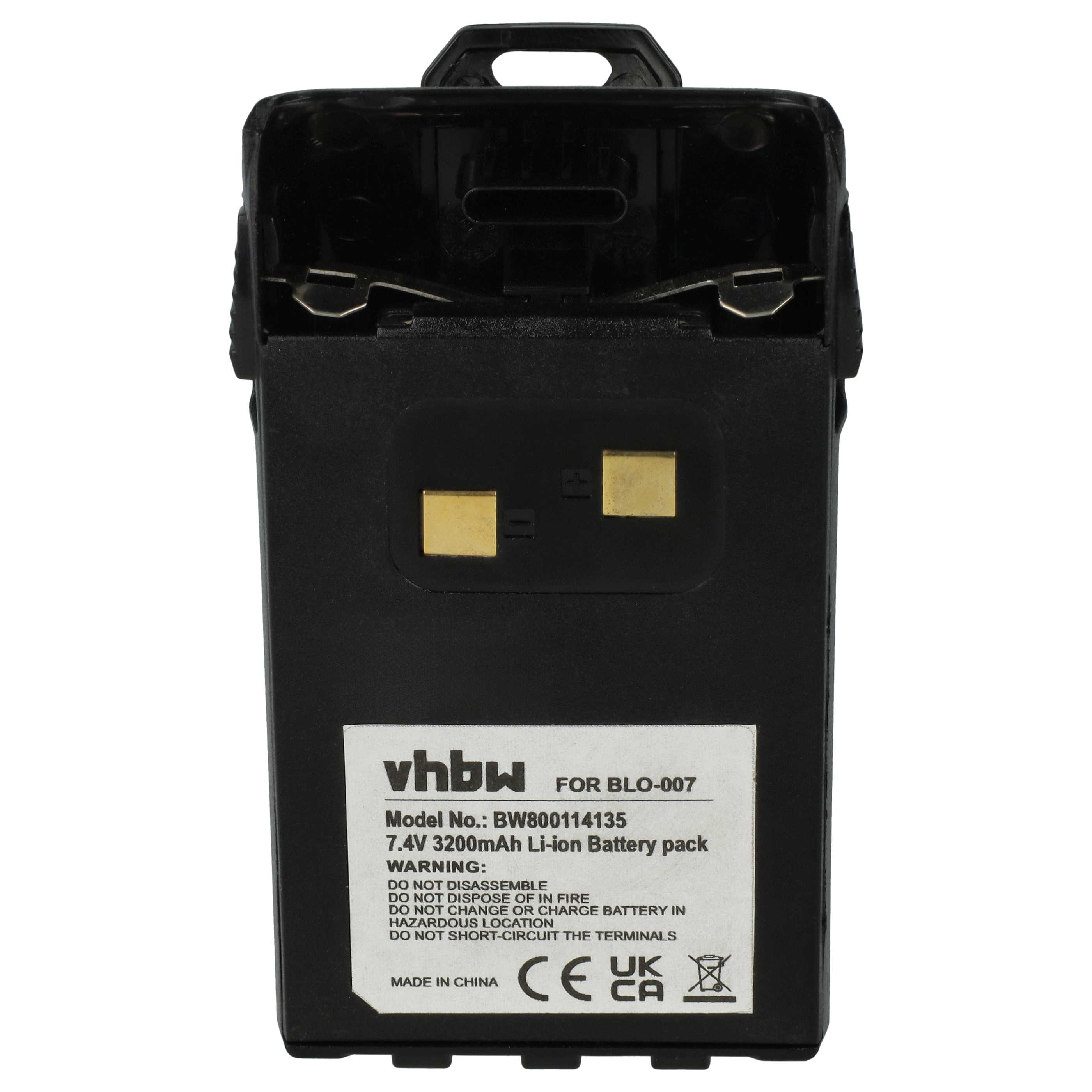 Radio Battery replaces BLO-004, BLO-007, BLO-001 - 3200 mAh 7.4 V Li-Ion + Belt Clip