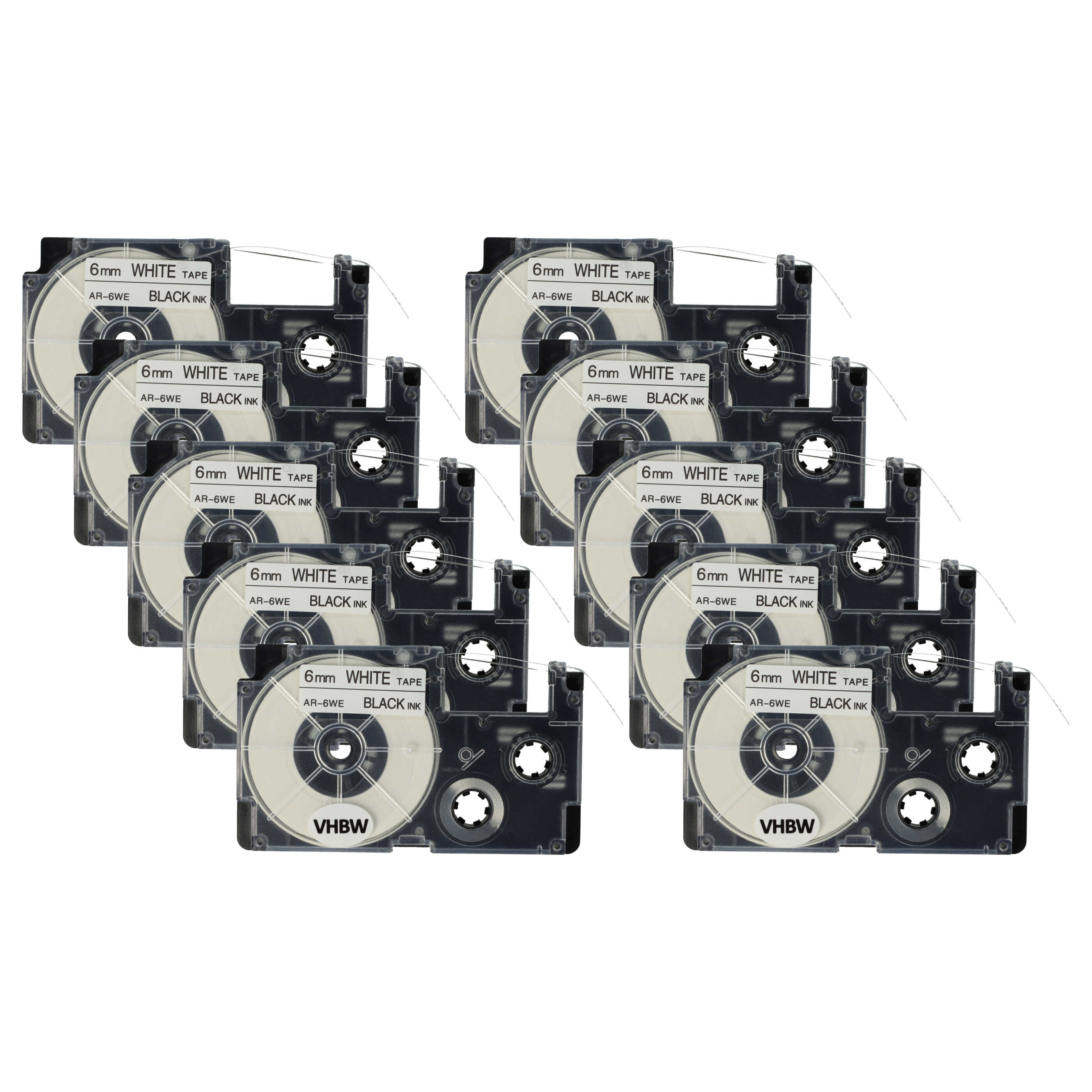 10x Label Tape as Replacement for Casio XR-6WE1, XR-6WE - 6 mm Black to White