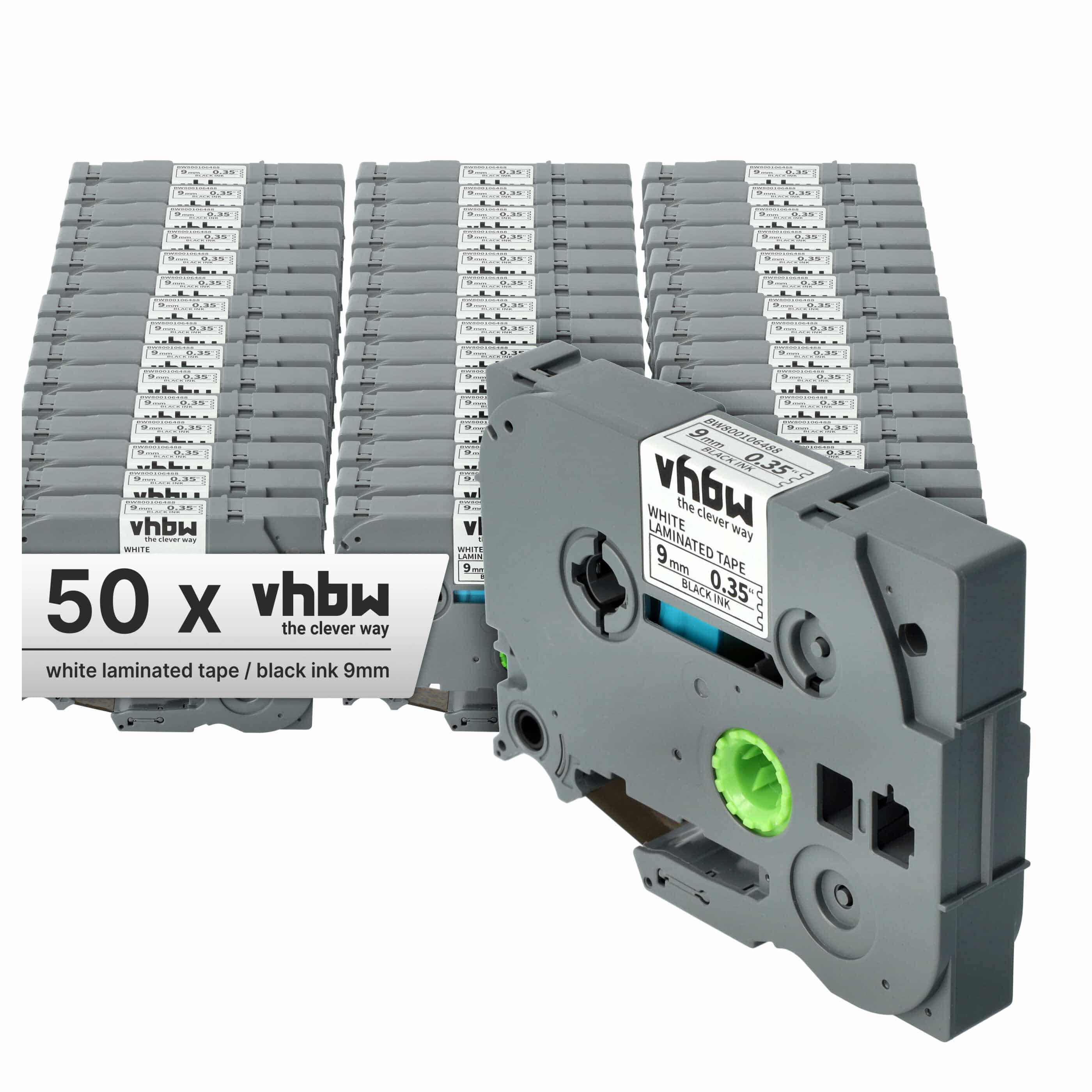 50x Label Tape replaces Brother TZ-221, TZE-221 - 9 mm Black to White