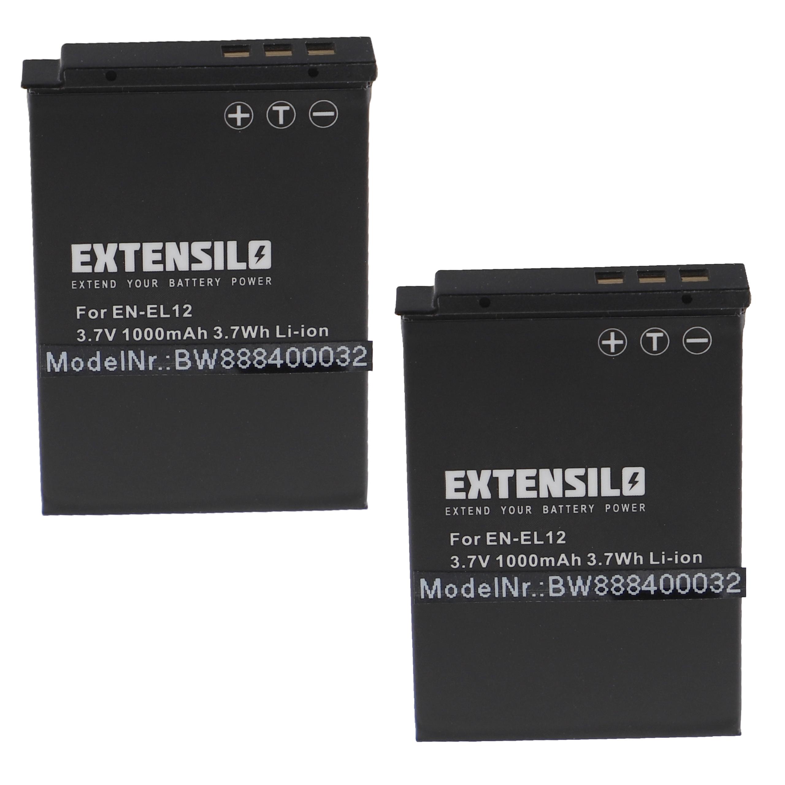 2x Battery replaces Nikon EN-EL12 - 1000mAh, 3.7V, Li-Ion