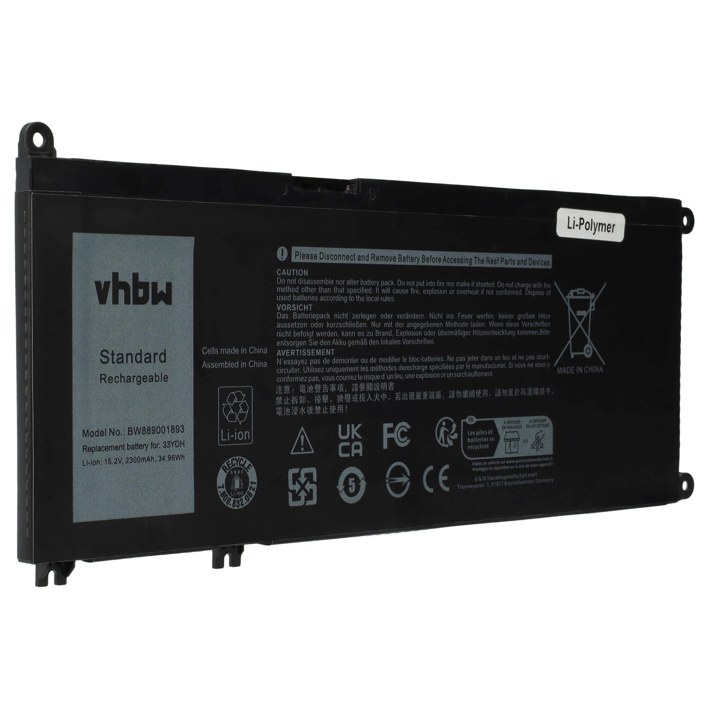 Akumulator do laptopa zamiennik Dell 9P3NW, 99NF2, 81PF3, 07FHHV, 7FHHV, 33YDH - 2300 mAh 15,2 V LiPo, czarny