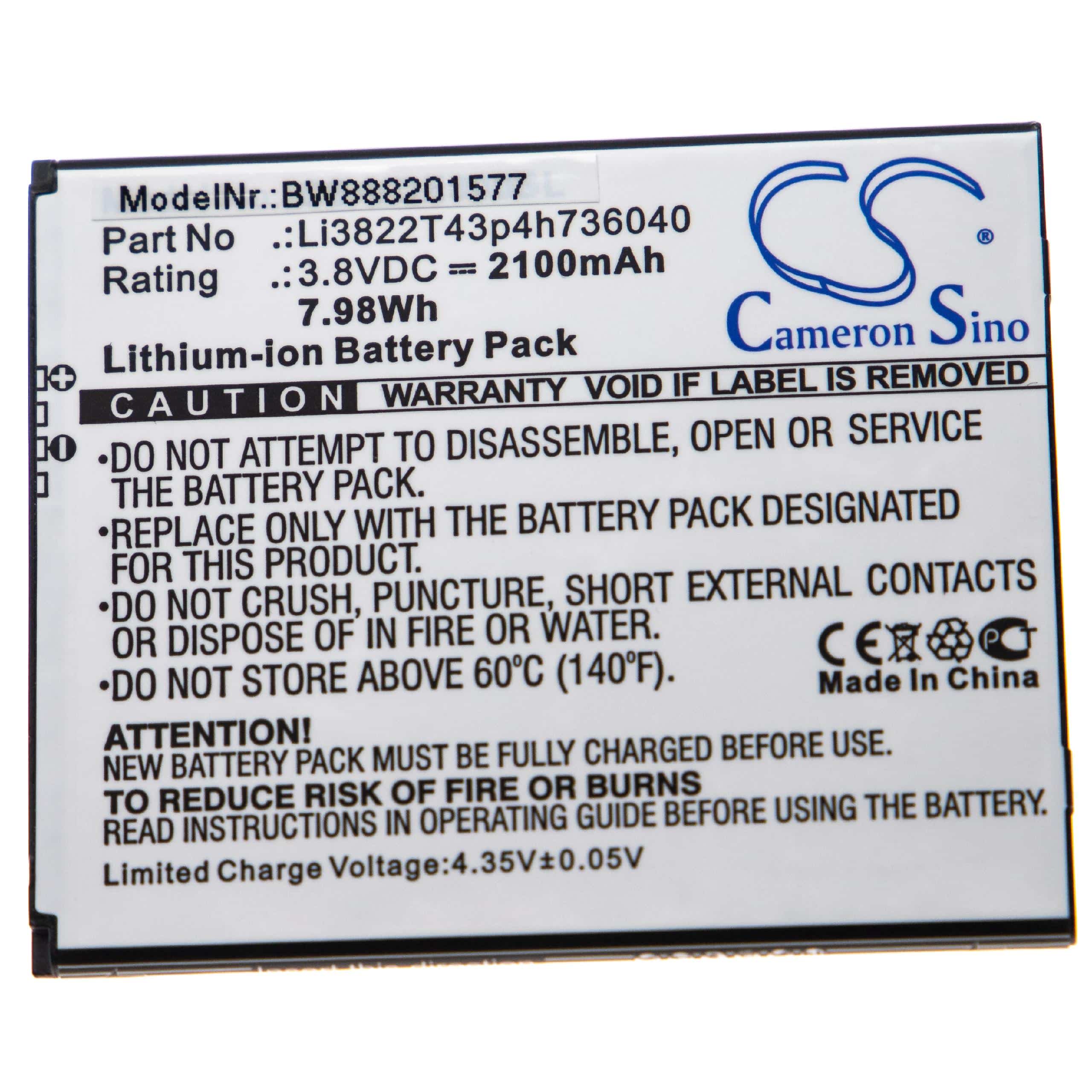 Batterie remplace Vodafone / ZTE Li3822T43p4h736040 pour téléphone portable - 2100mAh, 3,8V, Li-ion