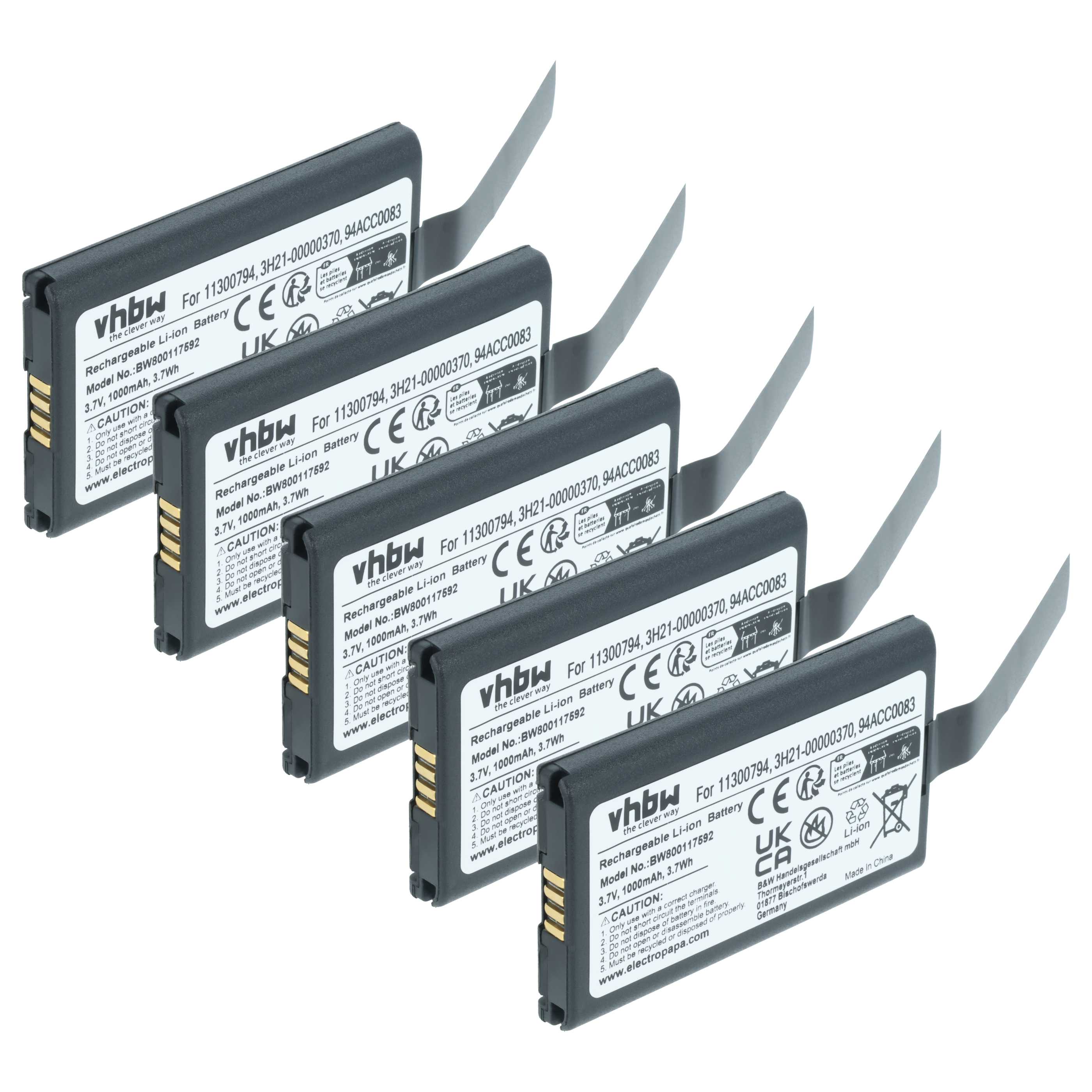 5x Batteria sostituisce Datalogic 11300794, 3H21-00000370 per barcode scanner Datalogic - 1000mAh 3,7V Li-Ion
