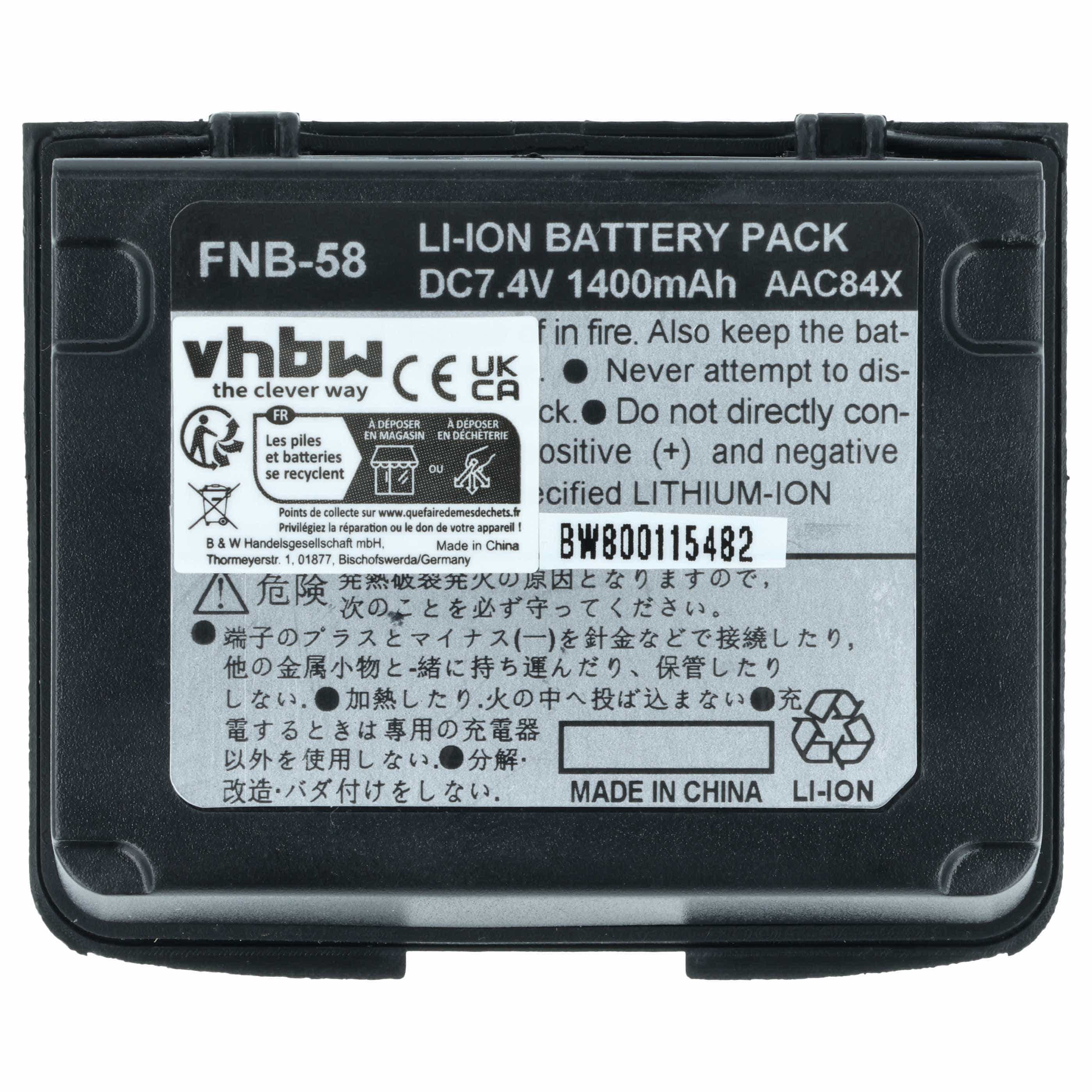 Radio Battery replaces Yaesu Vertex FNB-58, FNB-80Li, FNB-58Li, FNB-80 - 1400 mAh 7.4 V Li-Ion