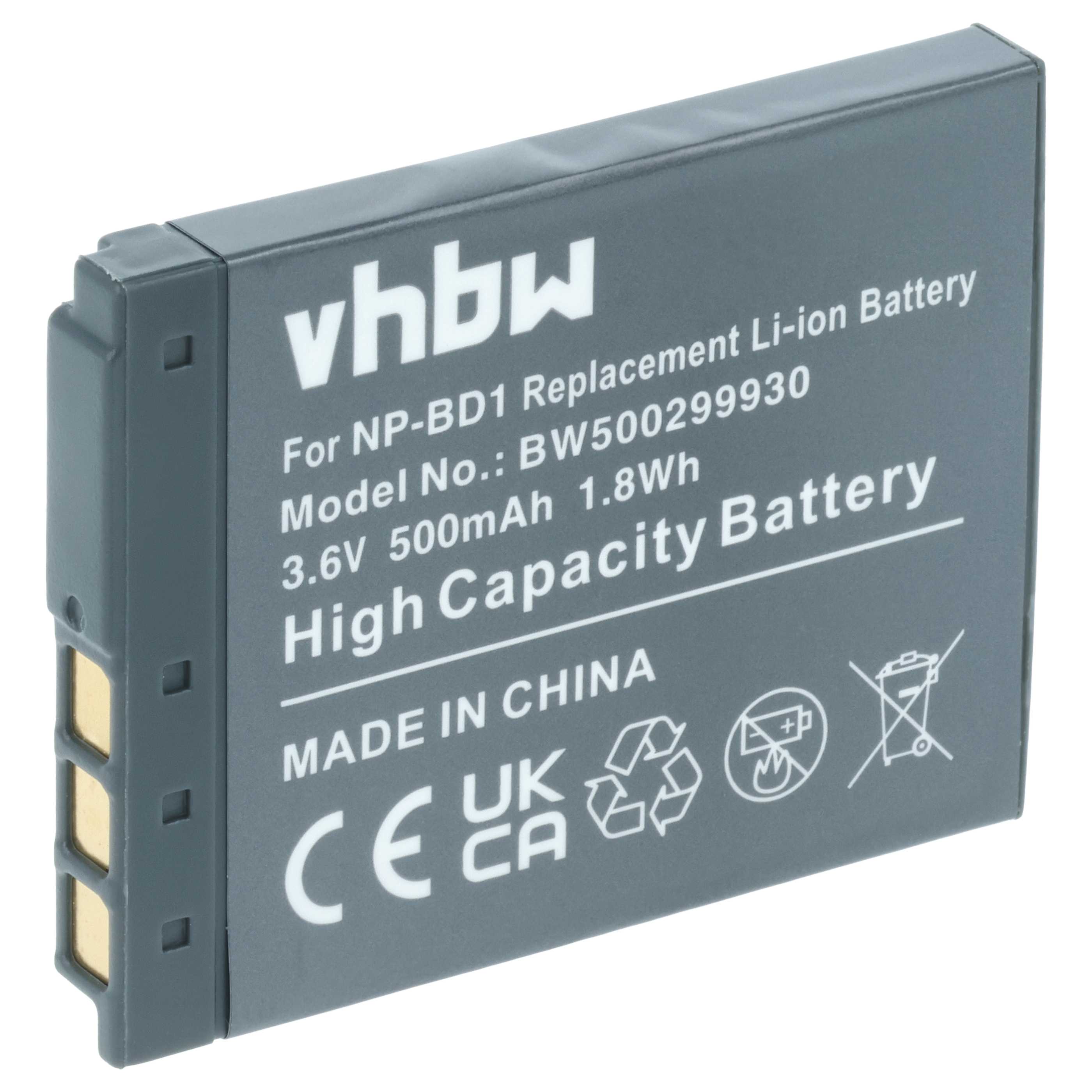 2x Battery replaces Sony NP-FD1, NP-BD1 - 500mAh, 3.6V, Li-Ion