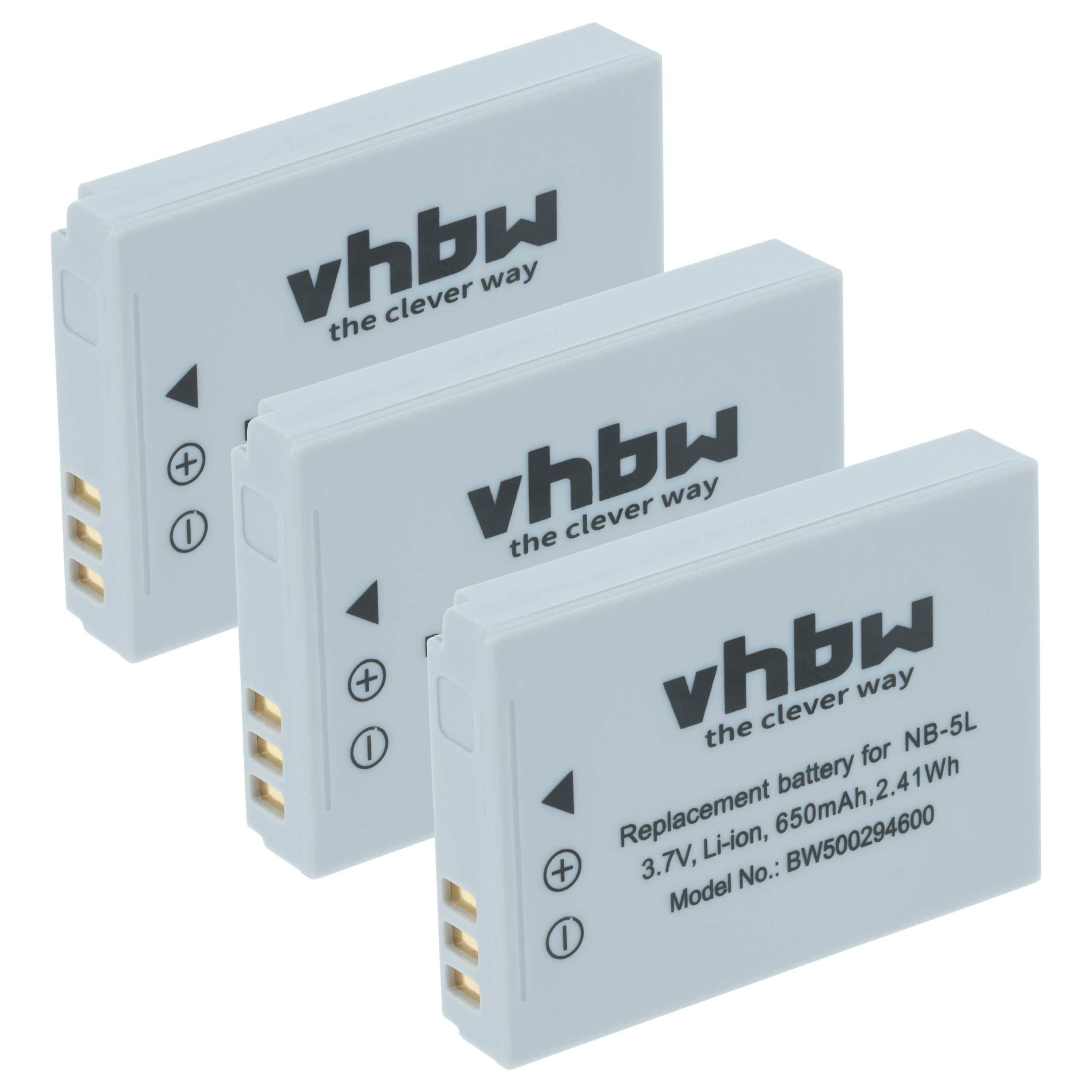 3x Battery replaces Canon NB-5L - 650mAh, 3.6V, Li-Ion