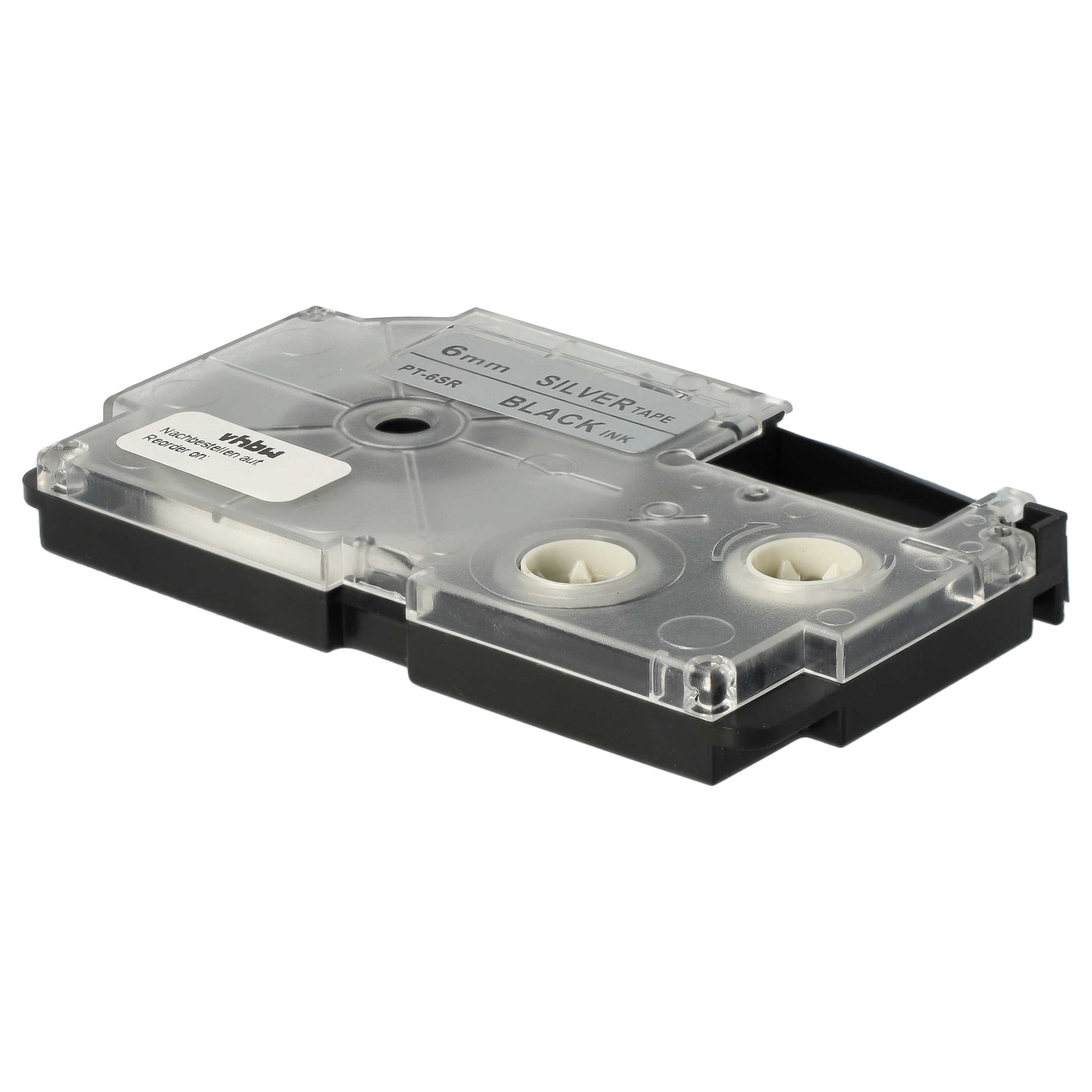 Label Tape replaces Casio XR-6SR1, XR-6SR - 6 mm Black to Silver
