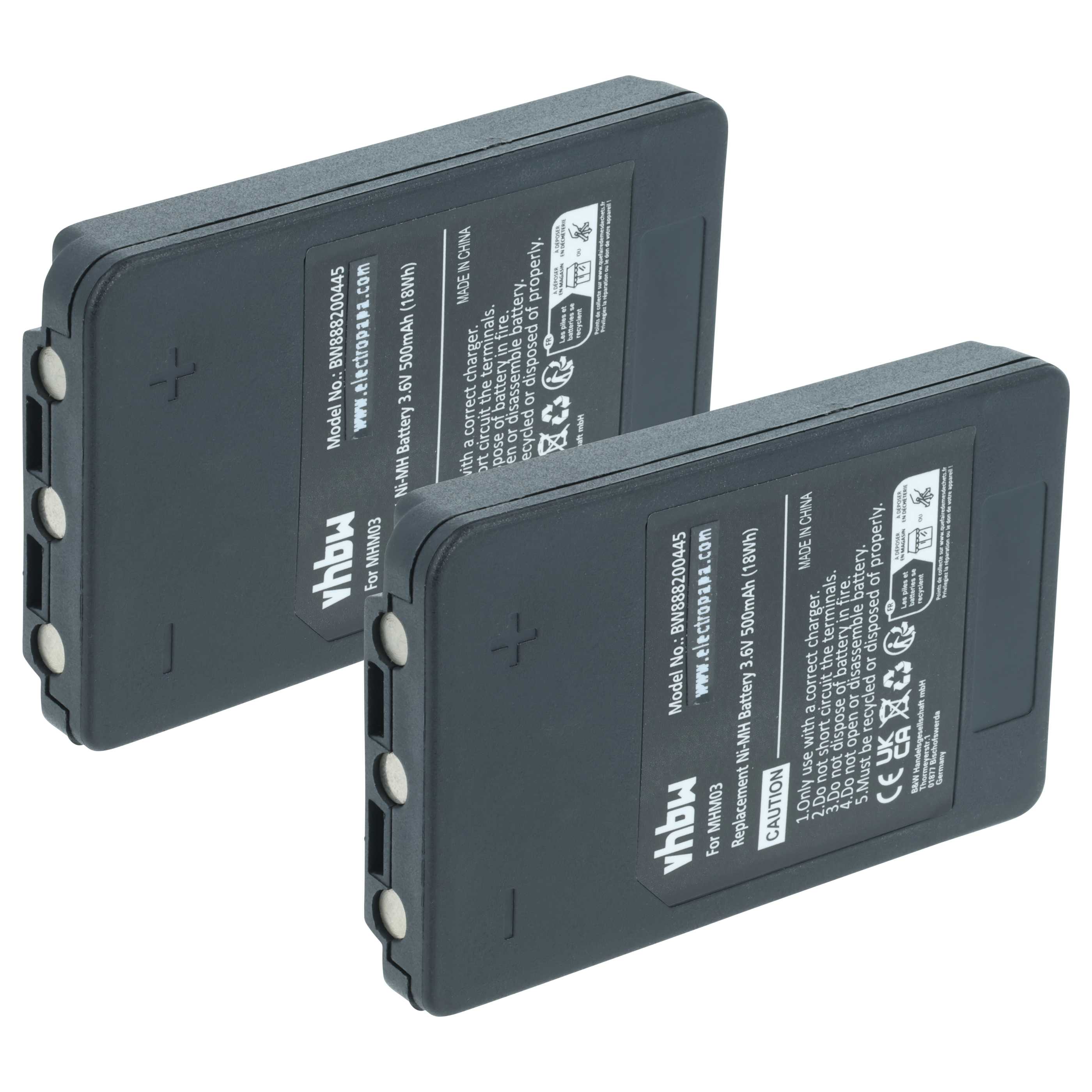 Batterie (2 pièces) remplace Autec MHM03, LPM01LI, LPM01, R0BATT00E11A0, R0BATT00E10A0 - 500mAh 3,6V NiMH