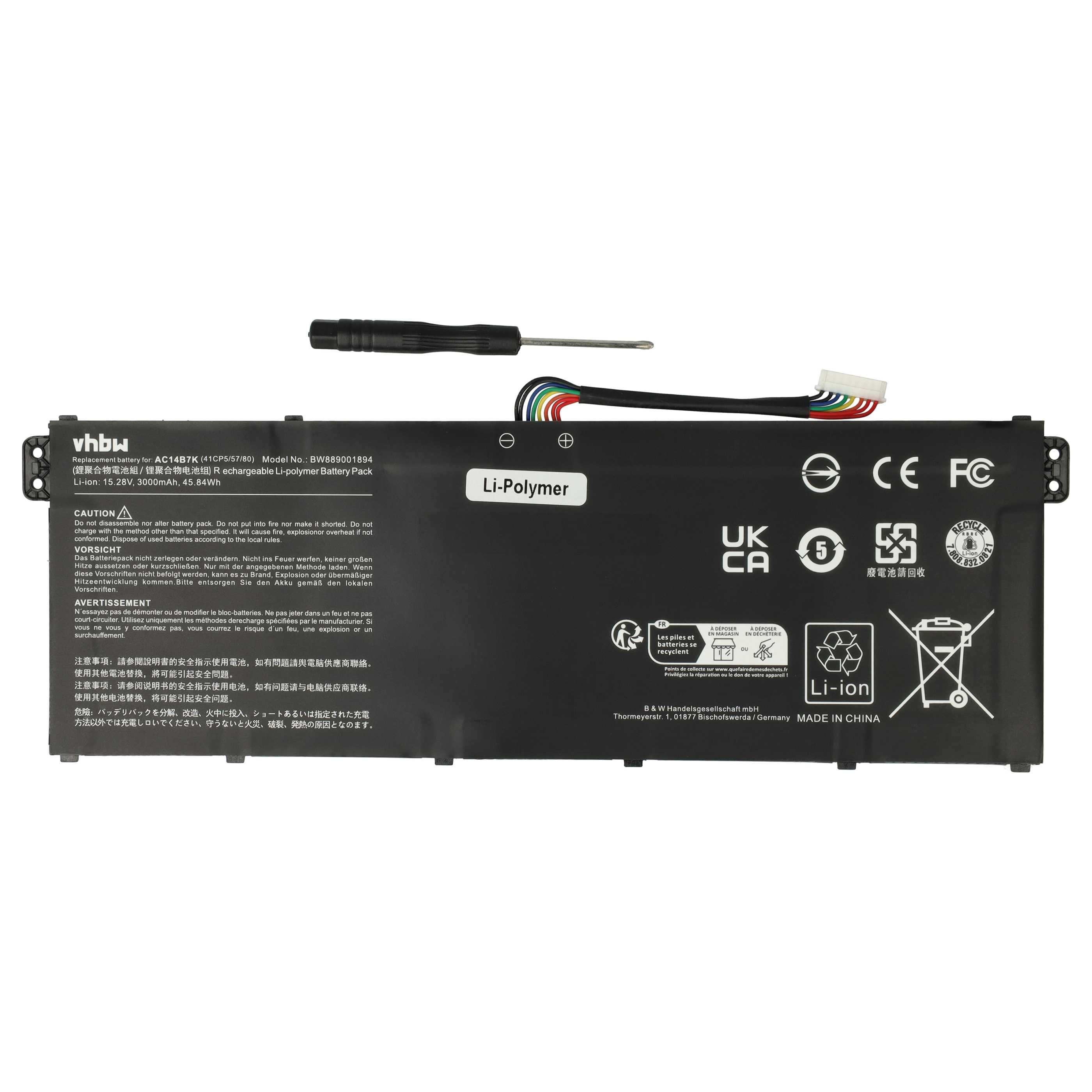 Notebook Battery Replacement for Acer AC14B7K - 3000 mAh 15.28 V Li-polymer, black