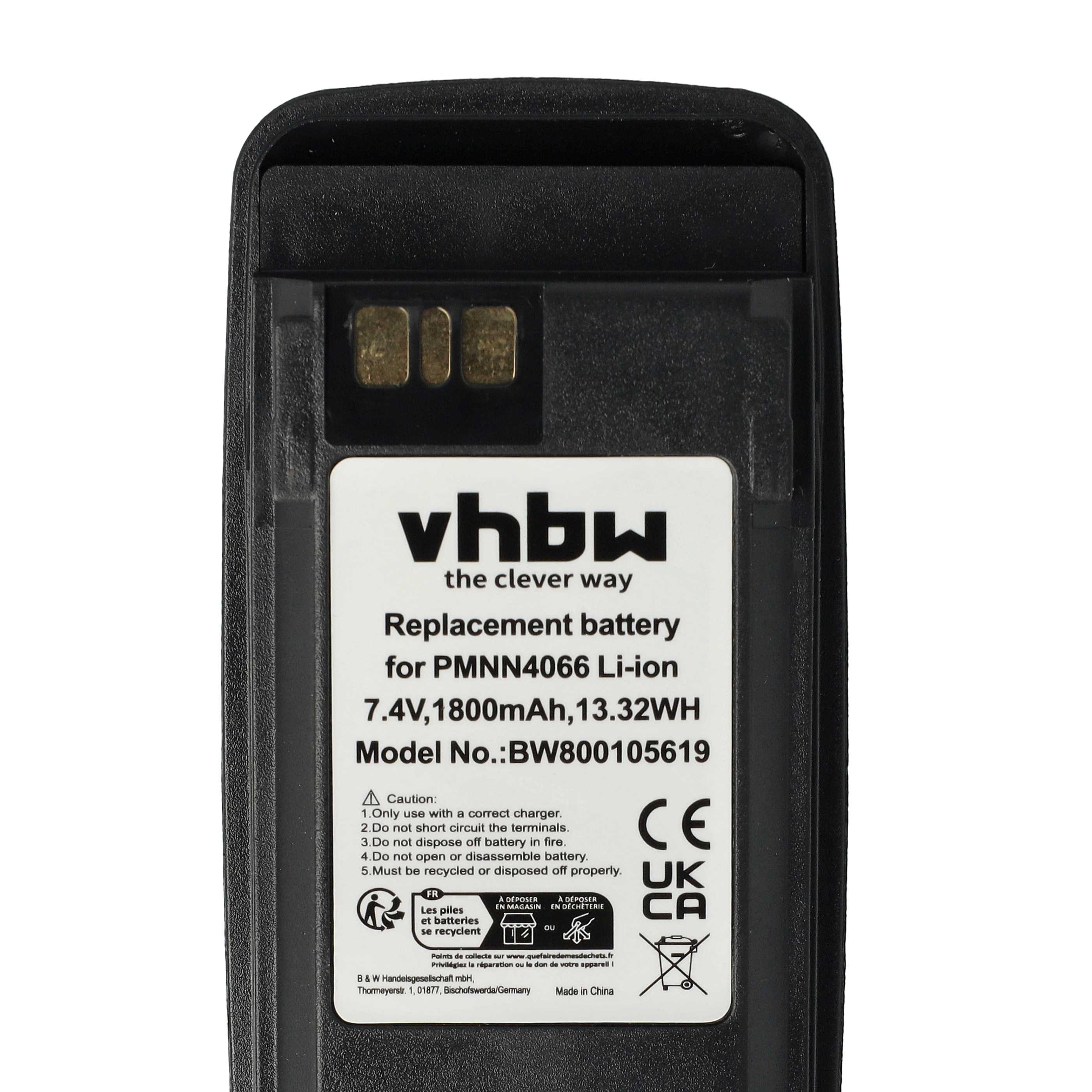 Radio Battery replaces Motorola NNTN4066, PMNN4065, NNTN4077, NNTN4103 - 1800 mAh 7.4 V Li-Ion + Belt Clip