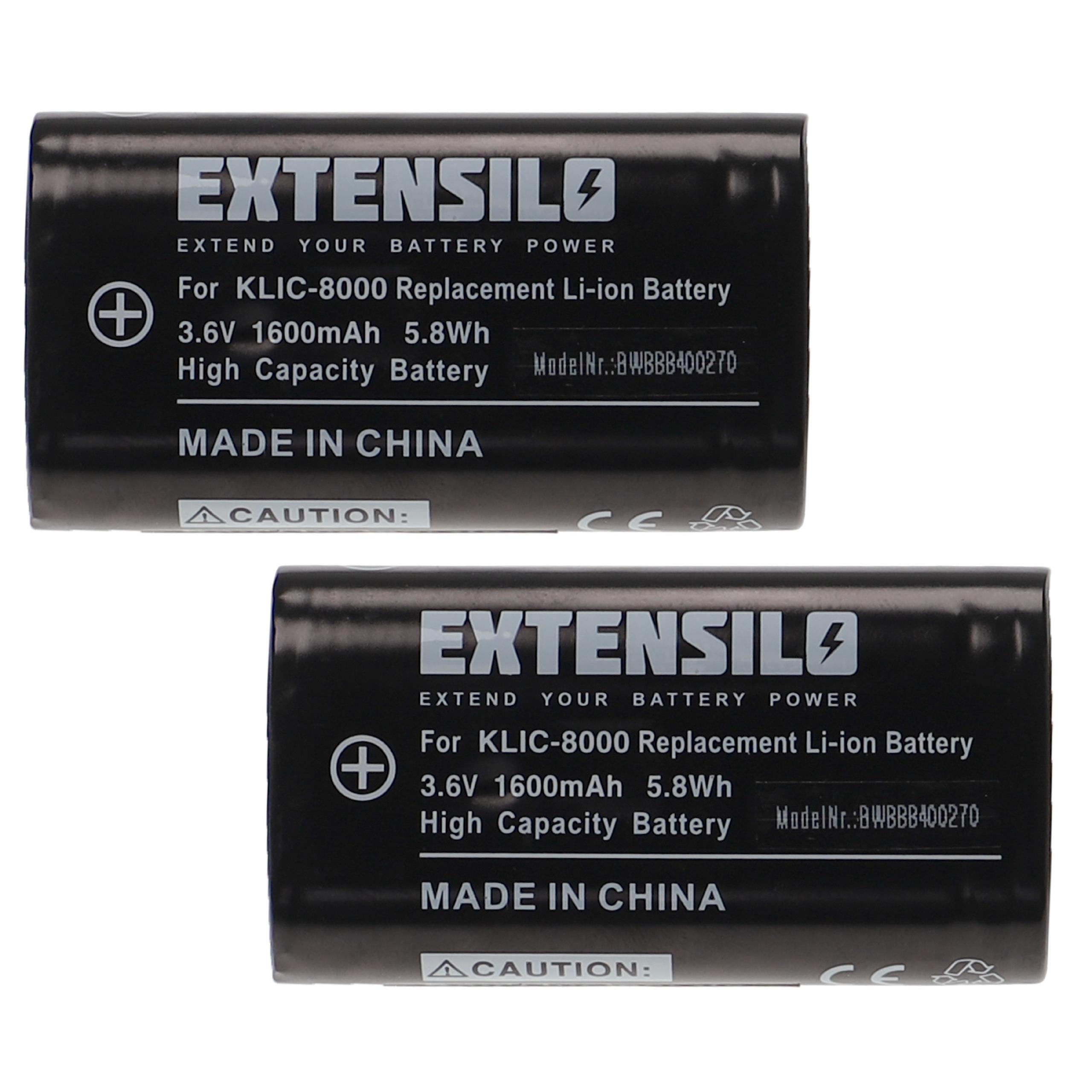 2x Battery replaces Kodak RB50, Klic-8000 - 1600mAh, 3.6V, Li-Ion
