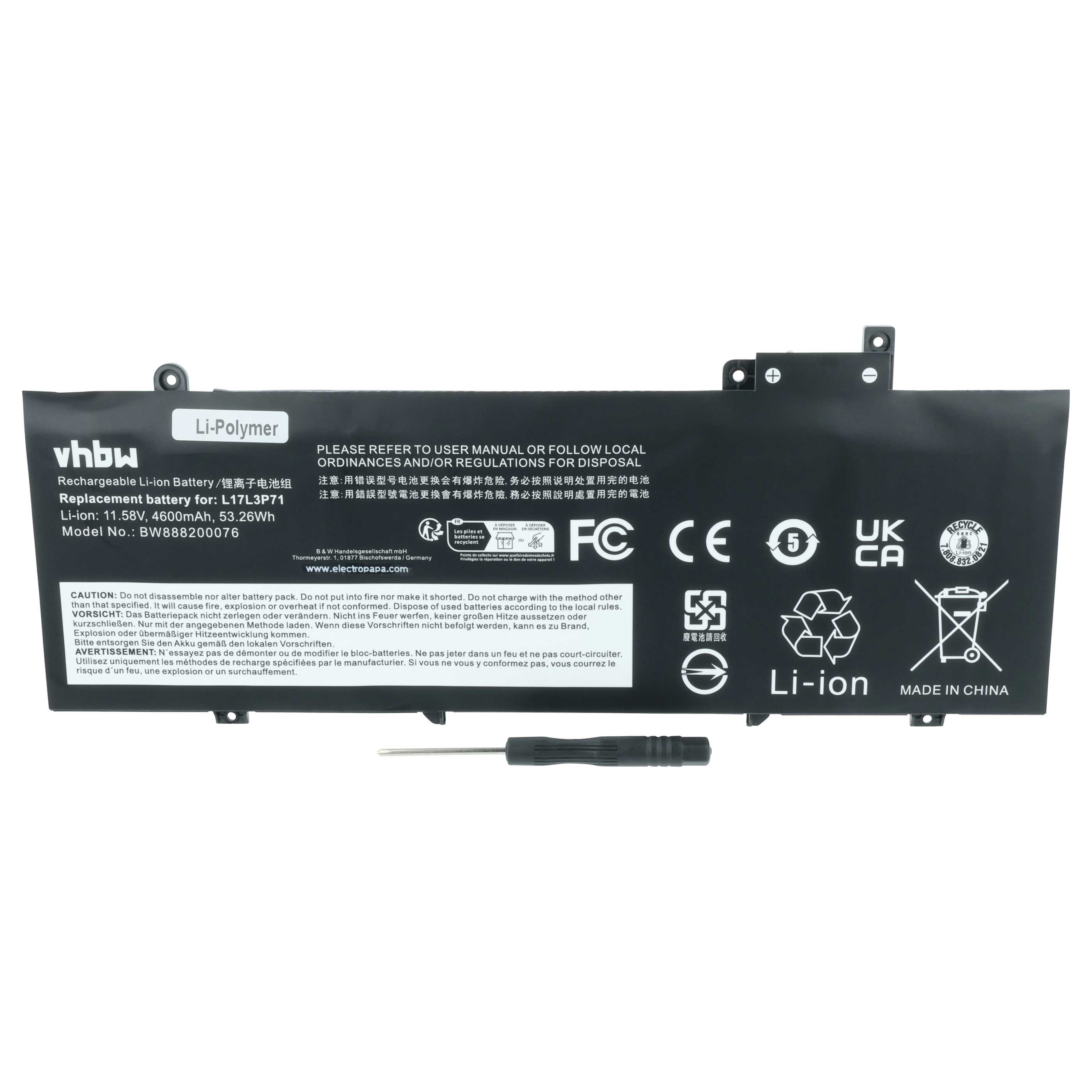 Batteria sostituisce Lenovo 01AV478, L17L3P71, 01AV479, 01AV480 per notebook - 4600mAh 11,58V Li-Poly