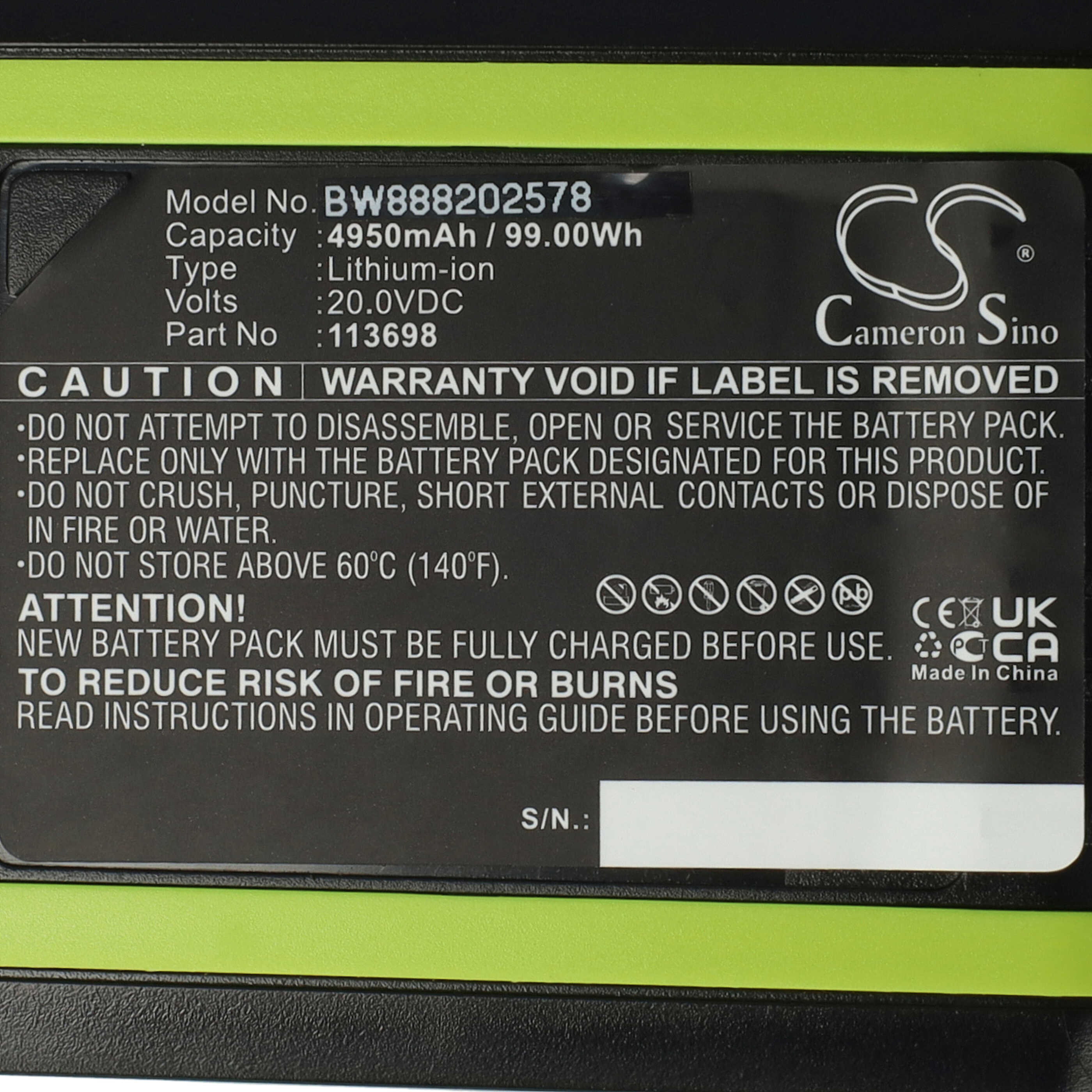Lawnmower Battery Replacement for Worx WA3553, WA3604 - 5Ah 20V Li-Ion, black / orange