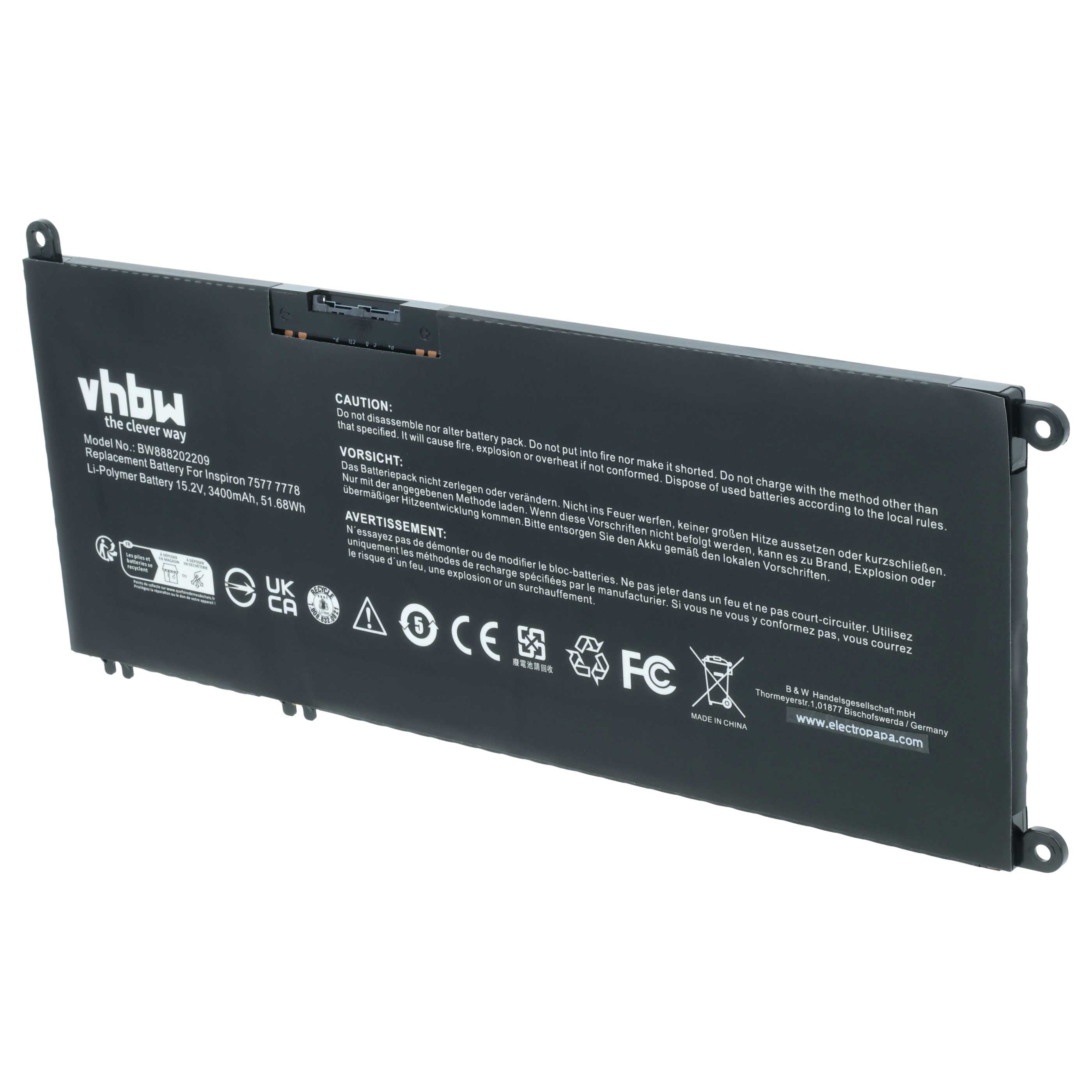 Batteria sostituisce Dell P30E, 7FHHV, 33YDH, 07FHHV, P72F, P30E001 per notebook - 3400mAh 15,2V Li-Ion