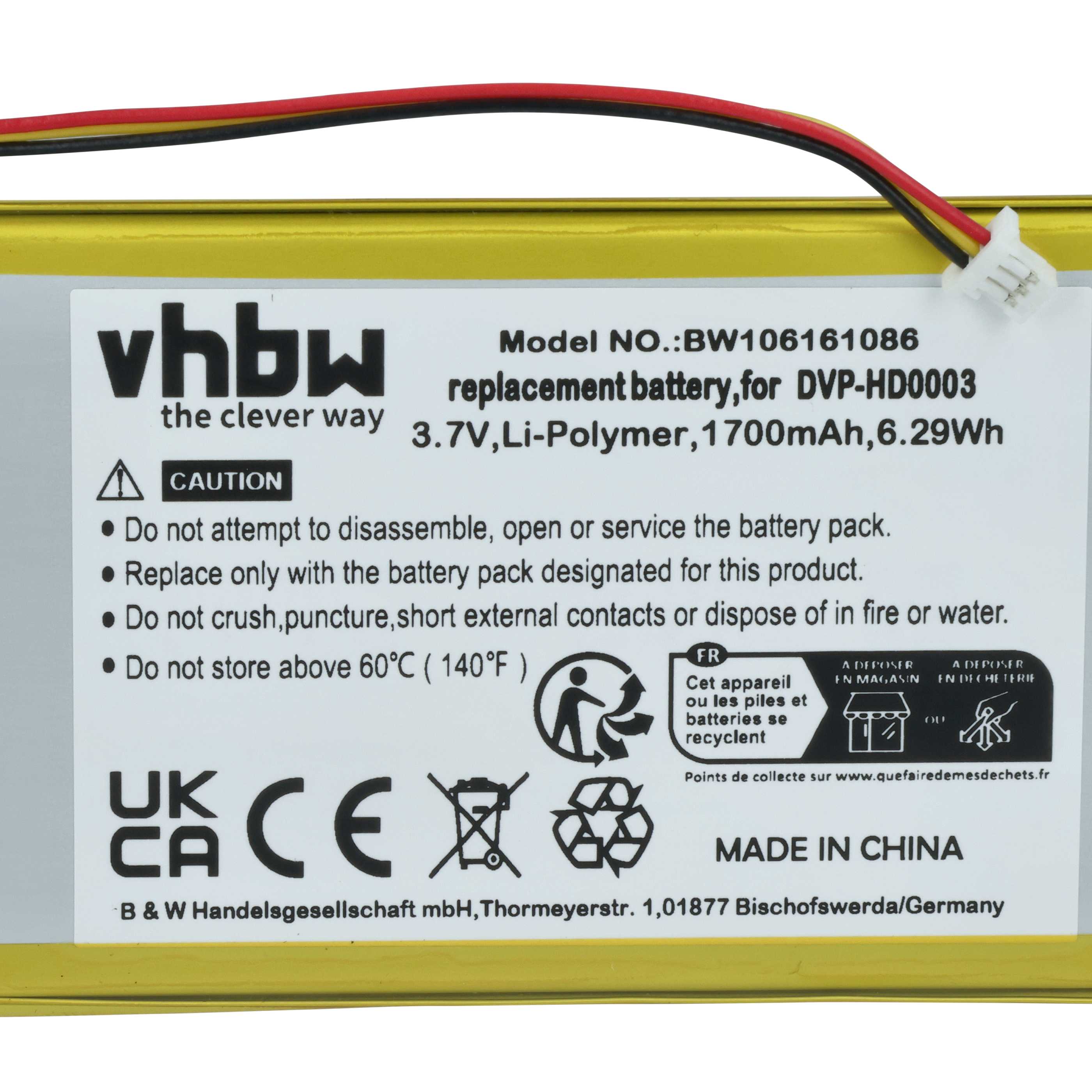 MP3-Player Battery replaces Creative Labs LPCS285385, BA20603R79914, DVP-HD0003 - 1700 mAh 3.7 V Li-polymer