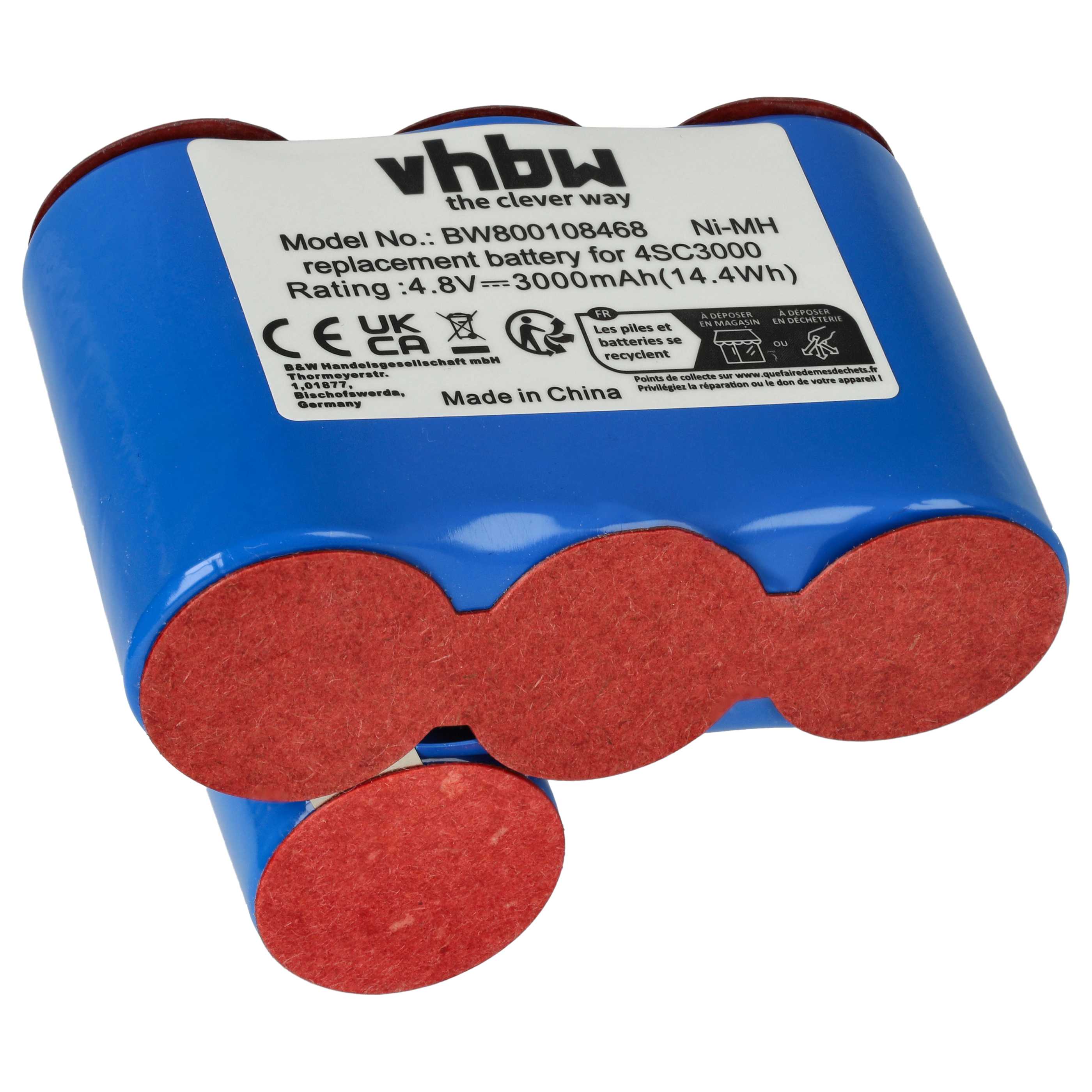 Battery replaces Vileda 4SC3000 for Vileda 3000mAh, 4.8V, NiMH