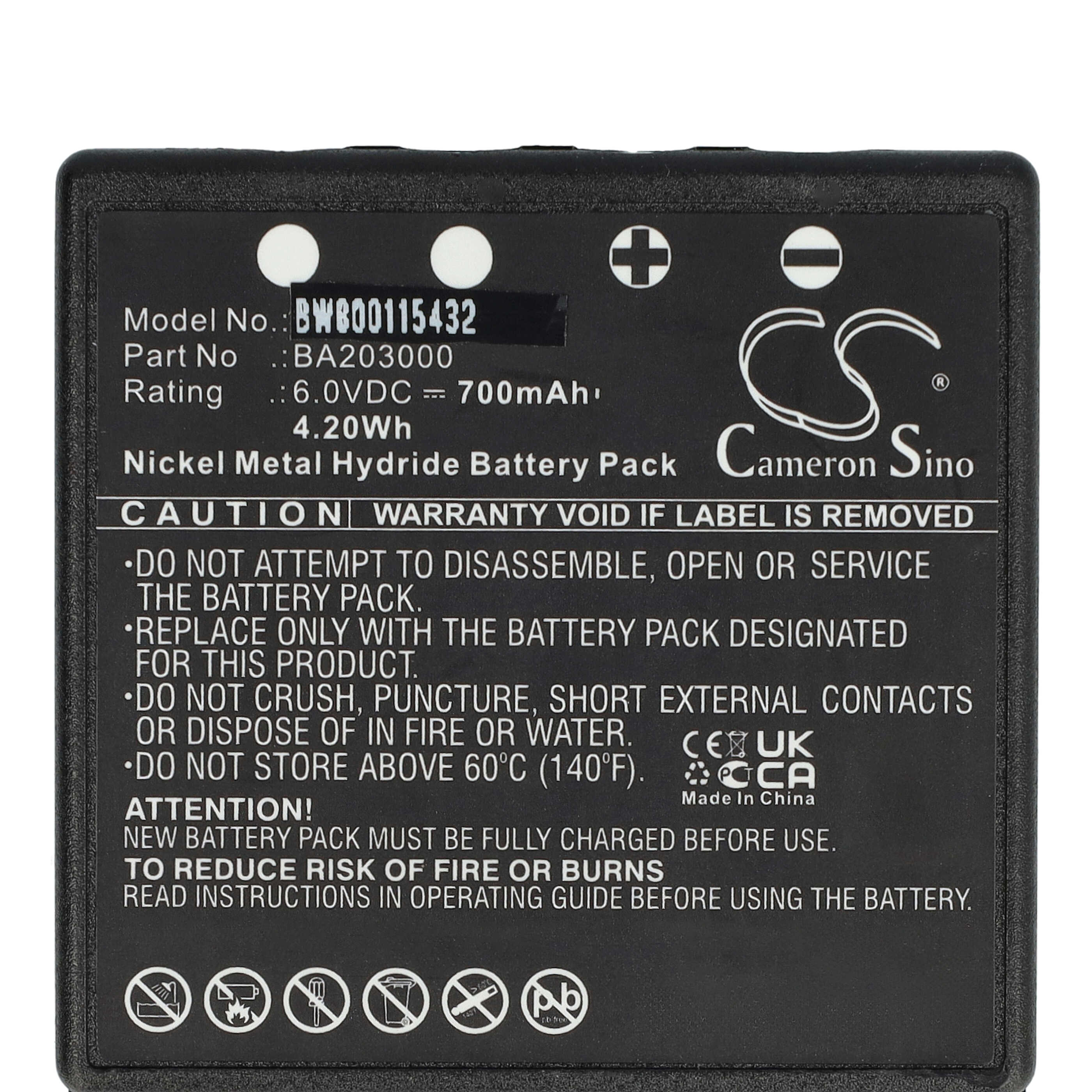 Batterie remplace HBC BA203000, BA205030, 005-01-00615 pour télécomande industrielle - 700mAh 6V NiMH