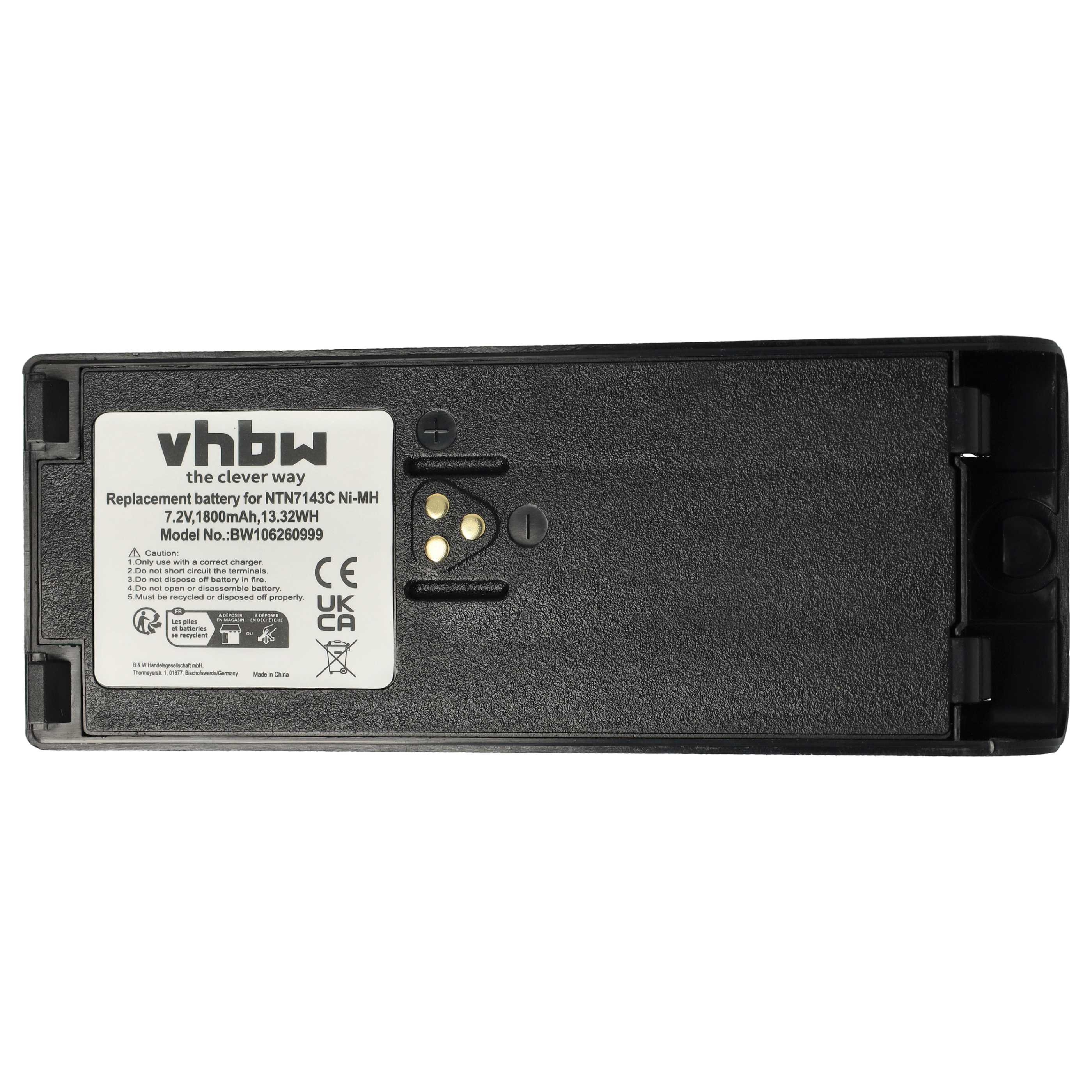 Radio 10x Battery replaces Motorola NTN7143B, NTN7143C, NTN7143A, NTN7143 - 1800 mAh 7.5 V NiMH + Belt Clip