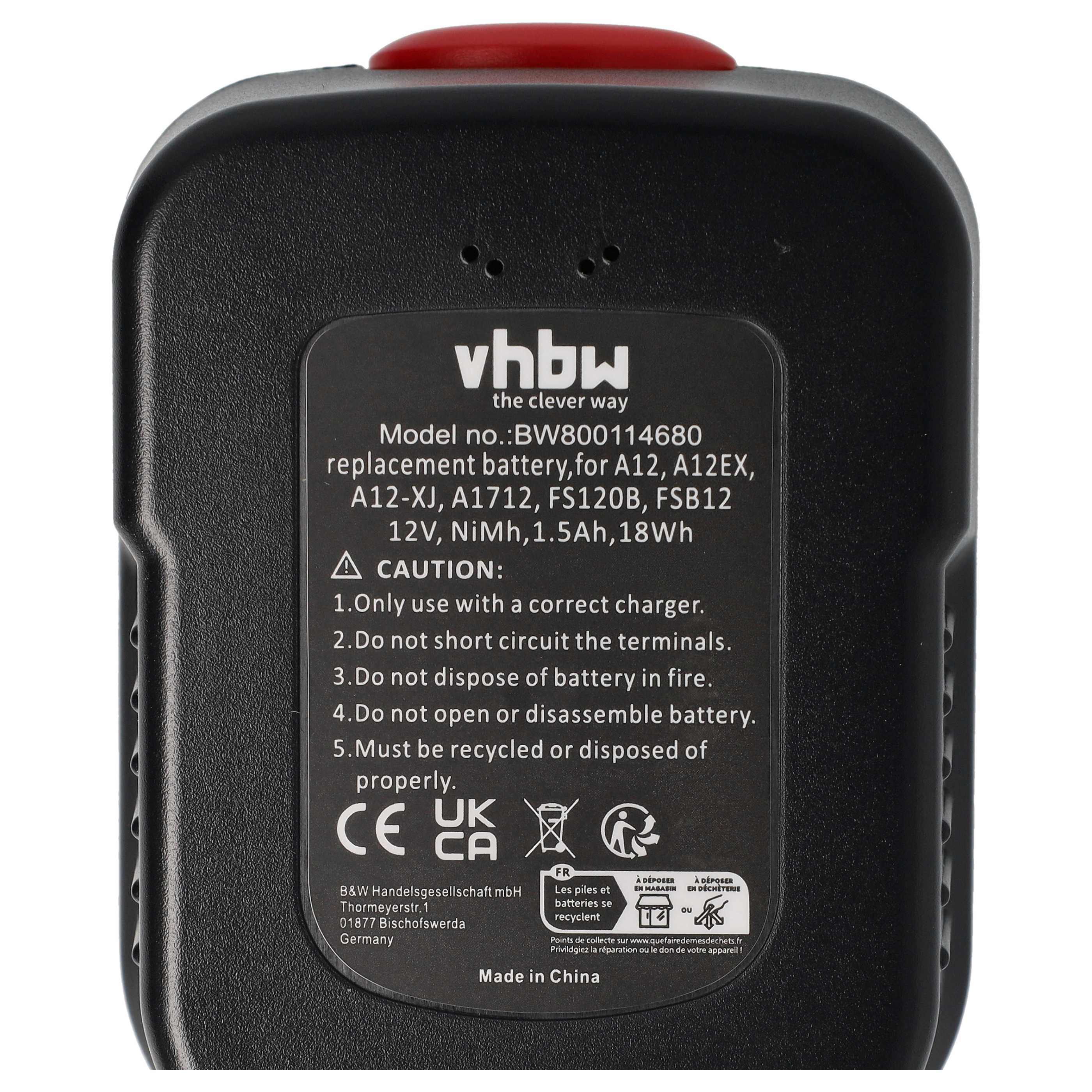 3x Batería para herramienta reemplaza Black & Decker A12, A12, A12EX, A12EX, A12E - 1500 mAh, 12 V, NiMH