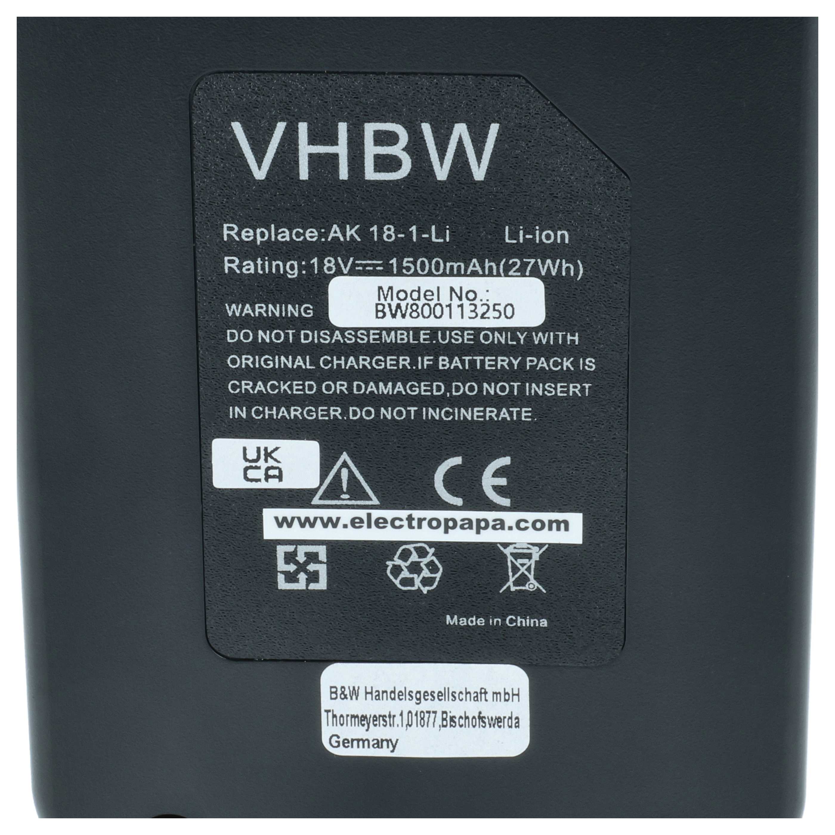 Battery replaces Matrix 120.300.650 Electric Power Tool - 1500 mAh, 18 V, Li-Ion