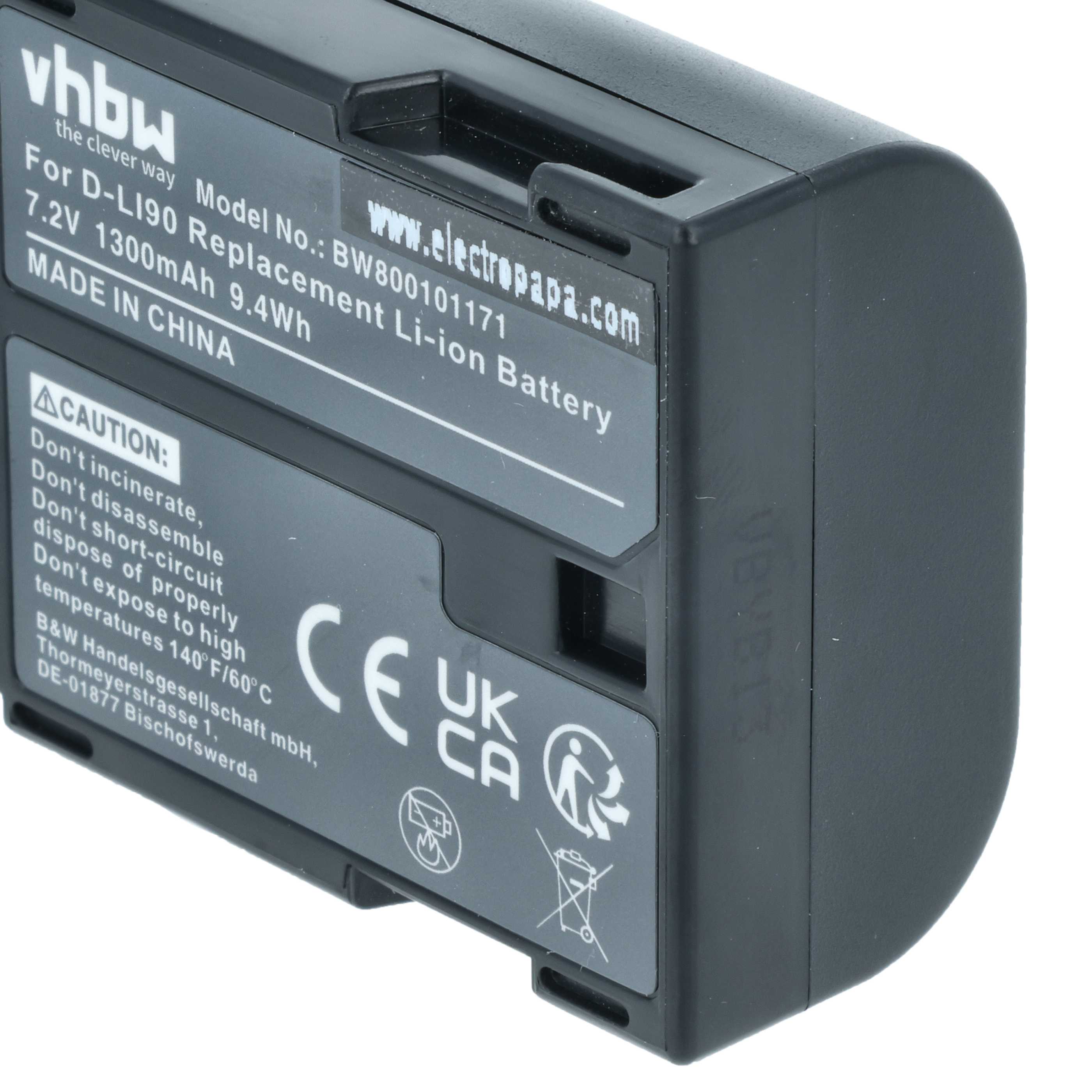 2x Battery replaces Pentax D-Li90 - 1300mAh, 7.2V, Li-Ion