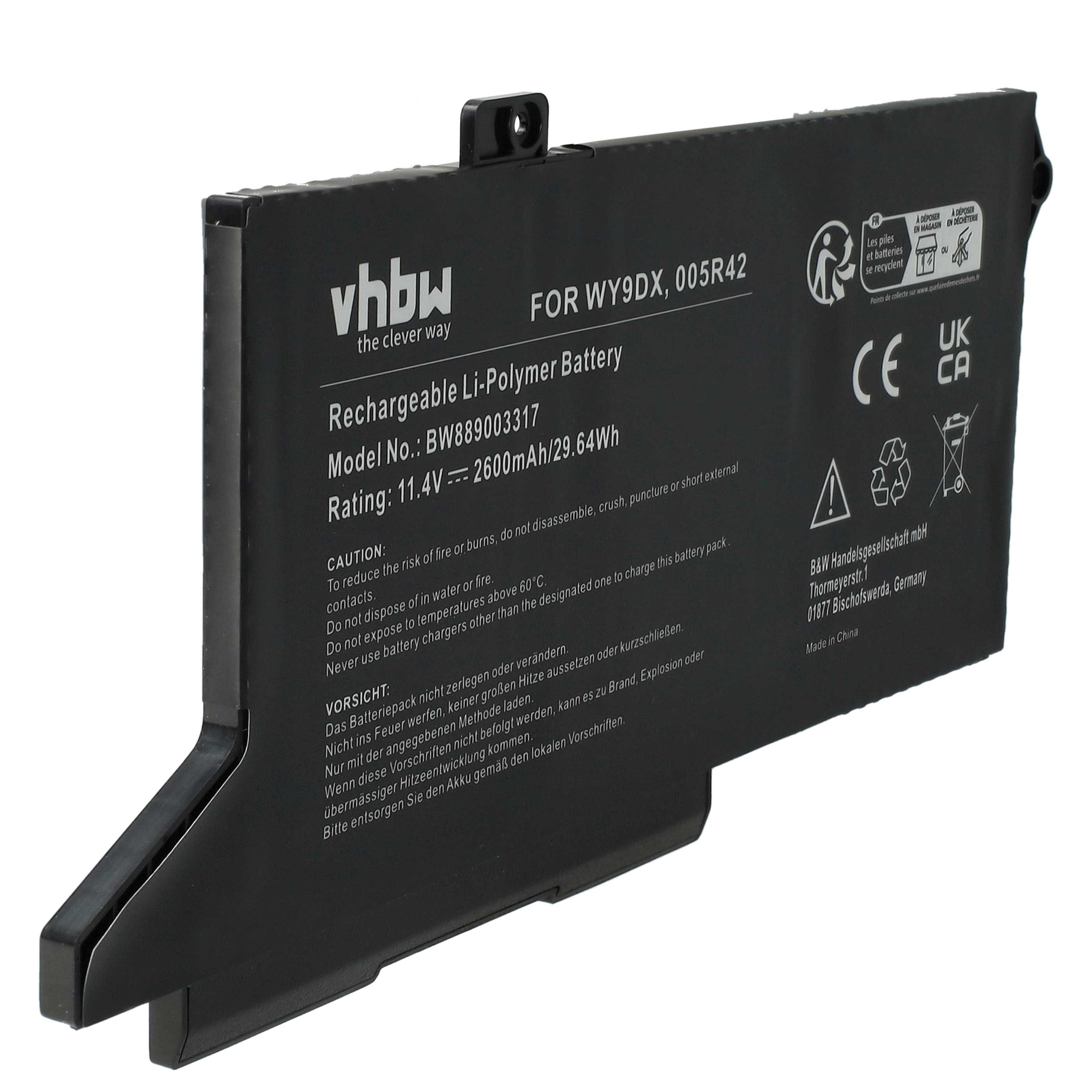 Notebook Battery Replacement for Dell 005R42, WY9DX - 2600 mAh 11.4 V Li-polymer