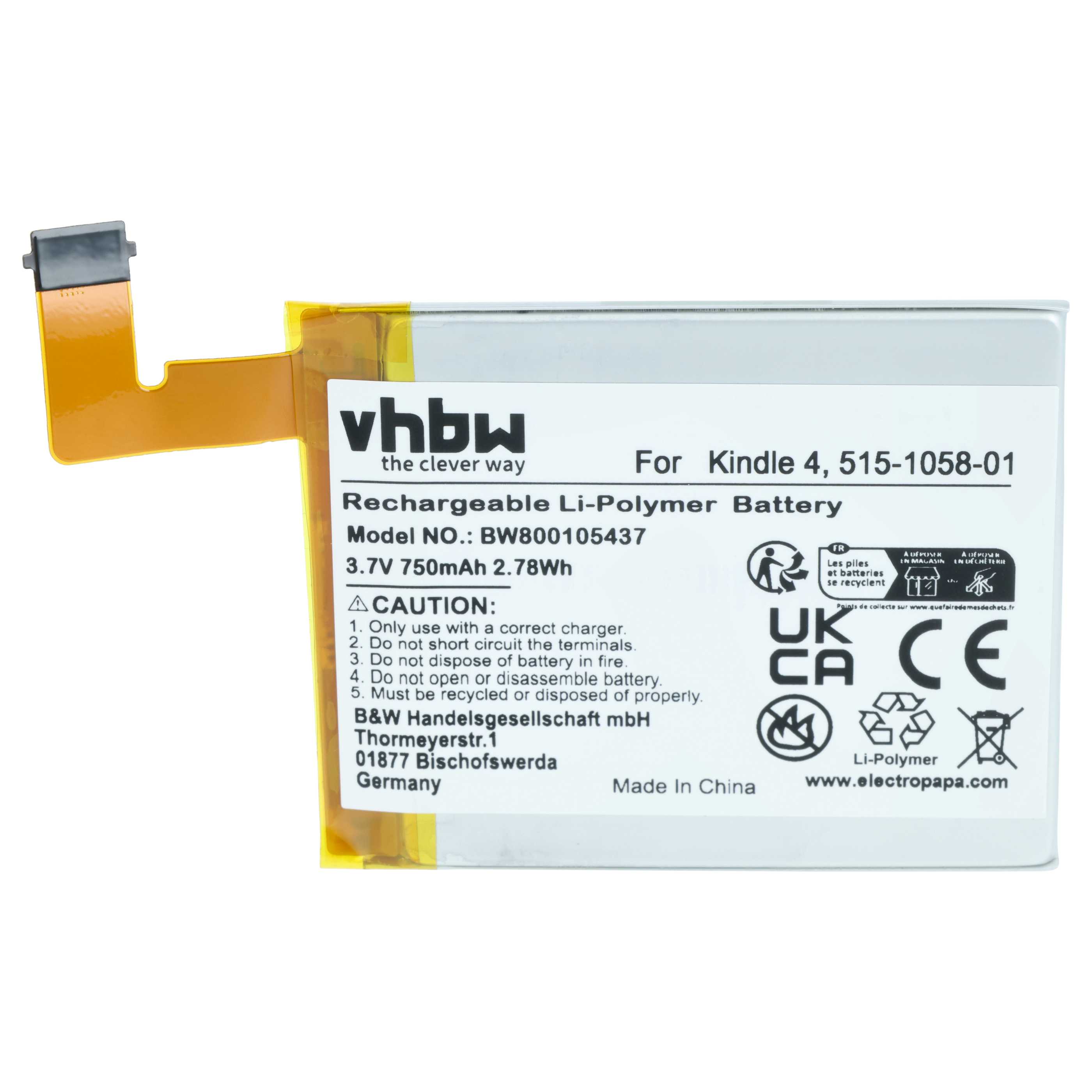 E-Book Battery replaces Amazon 515-1058-01, M11090355152, MC-265360, S2011-001-S - 750 mAh 3.7 V Li-polymer
