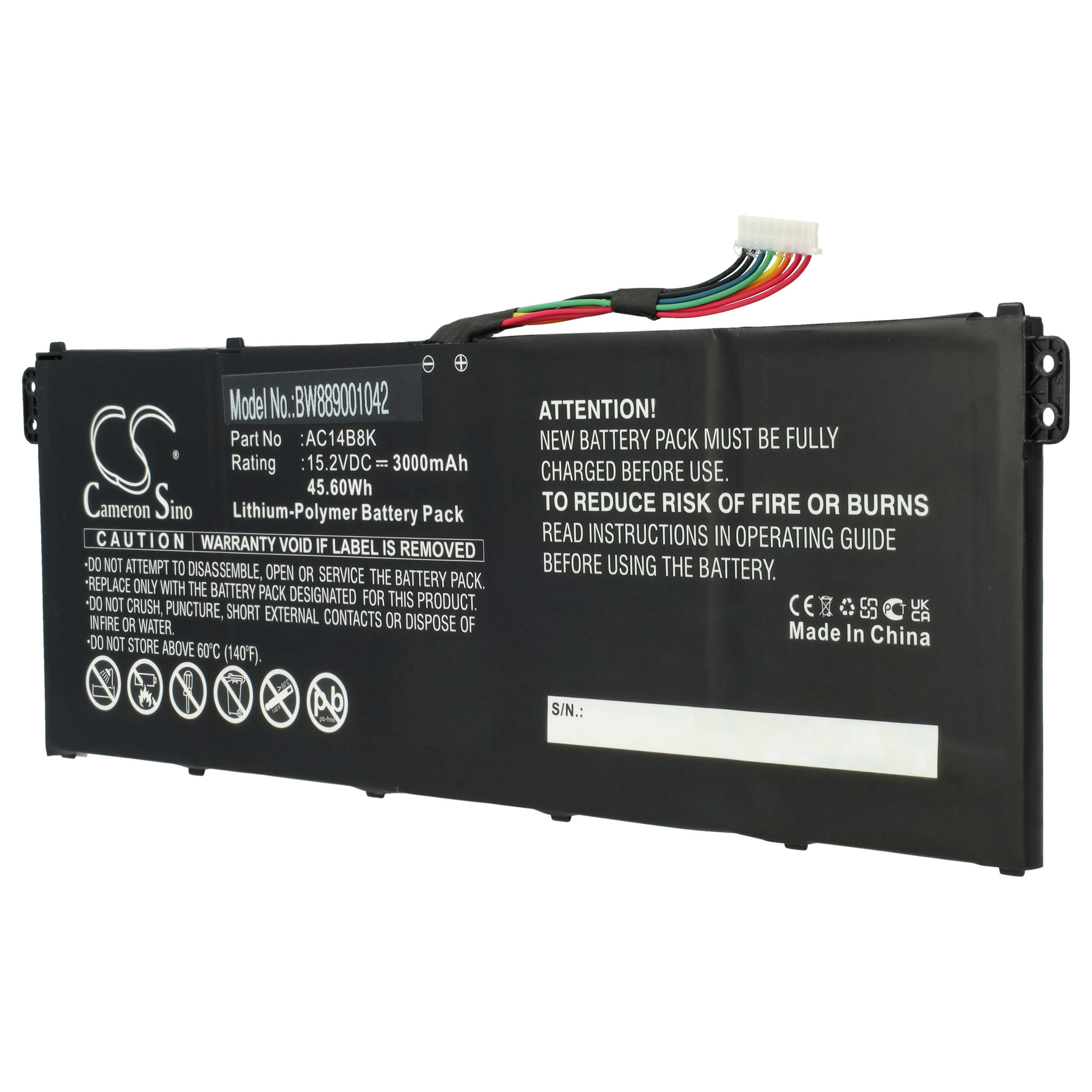 Batterie remplace Asus AC011353, AC14A8K, AC14B18K pour ordinateur portable - 3000mAh 15,2V Li-polymère