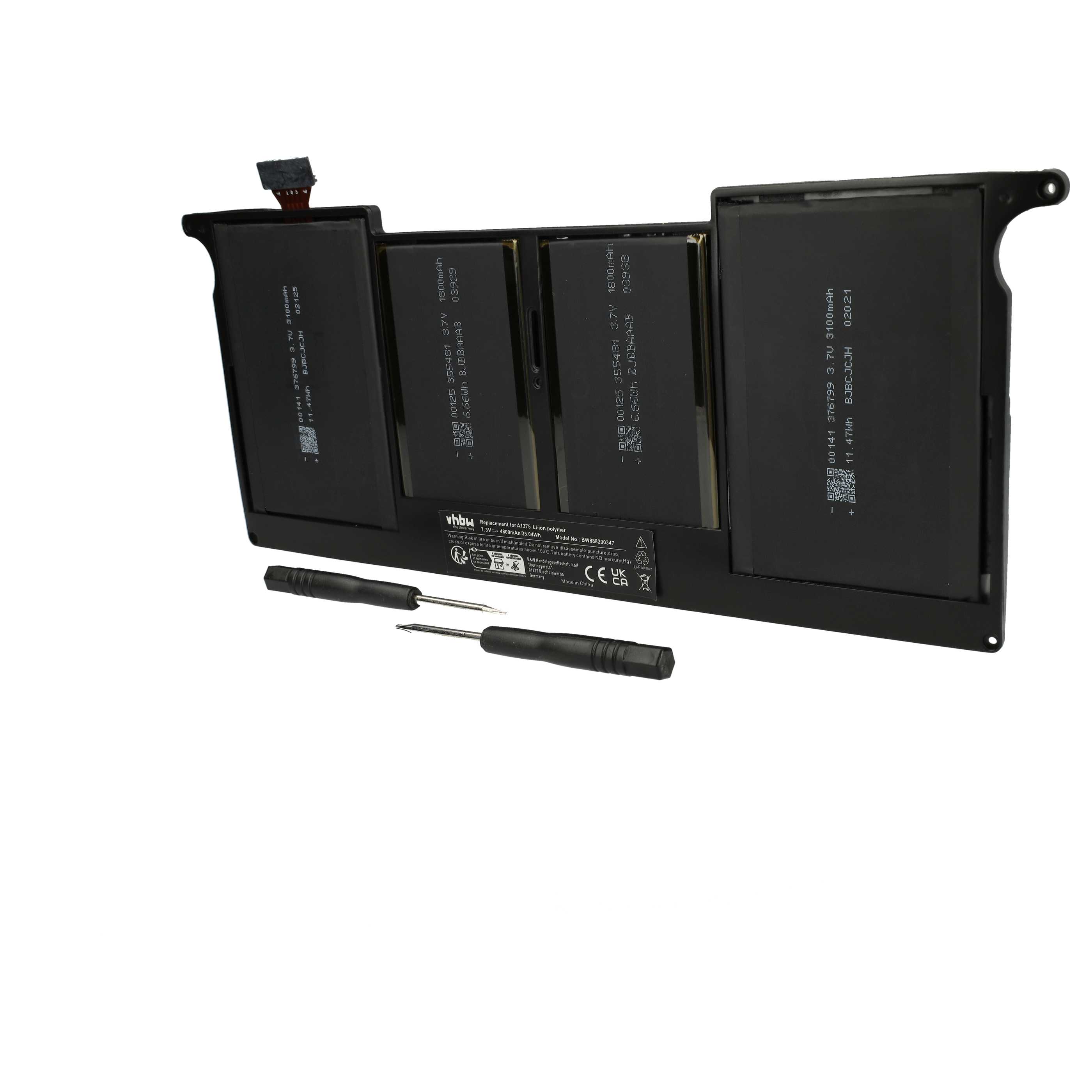 Batterie remplace Apple 661-5736, A1375, 020-6920-B pour ordinateur portable - 4800mAh 7,3V Li-polymère, noir