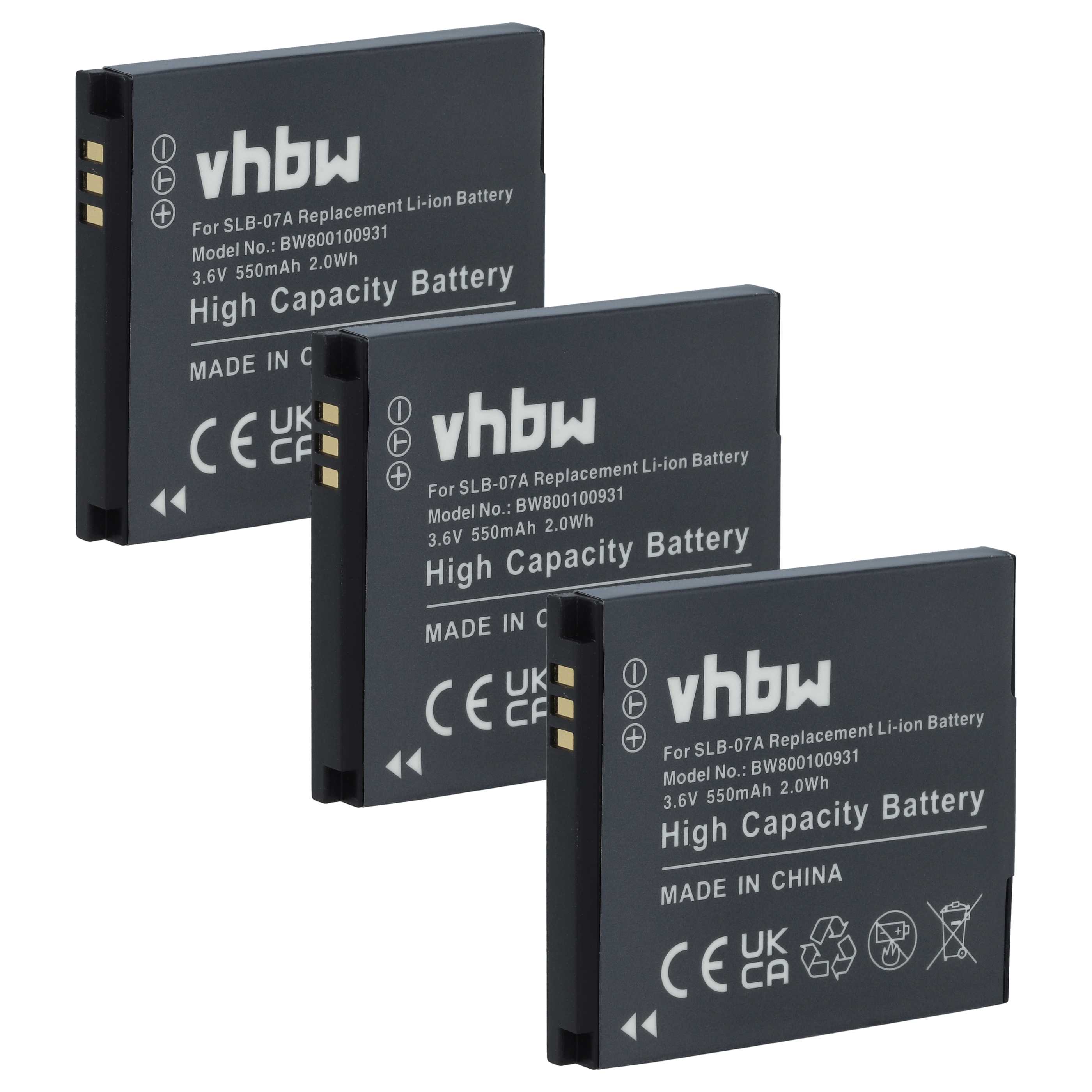 3x Battery replaces Samsung SLB-07A, SLB-07B - 550mAh, 3.6V, Li-Ion
