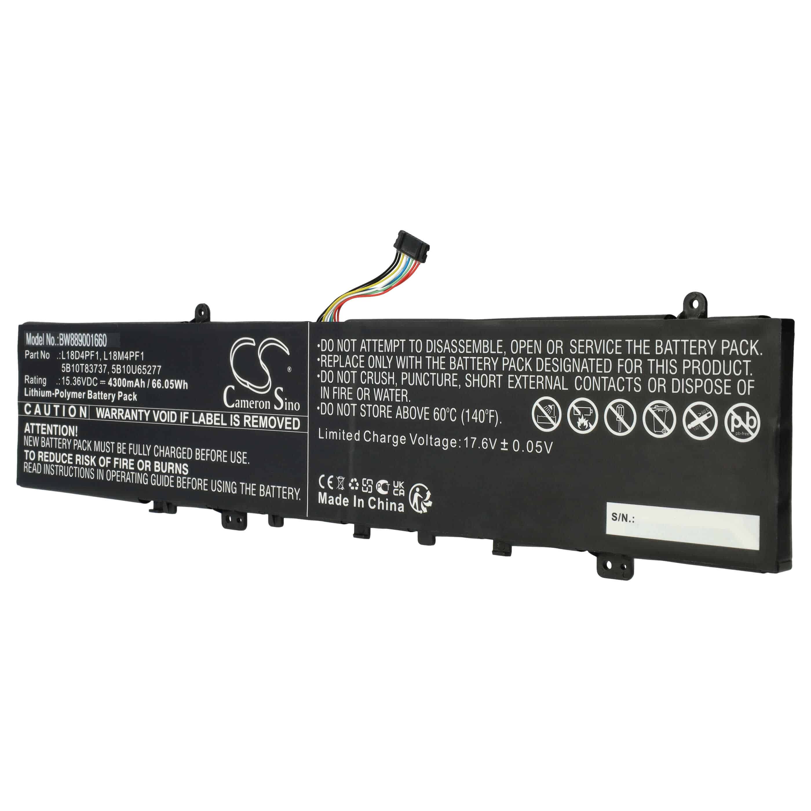 Batterie remplace Lenovo 5B10U65277, 5B10T83737 pour ordinateur portable - 4300mAh 15,36V Li-polymère, noir