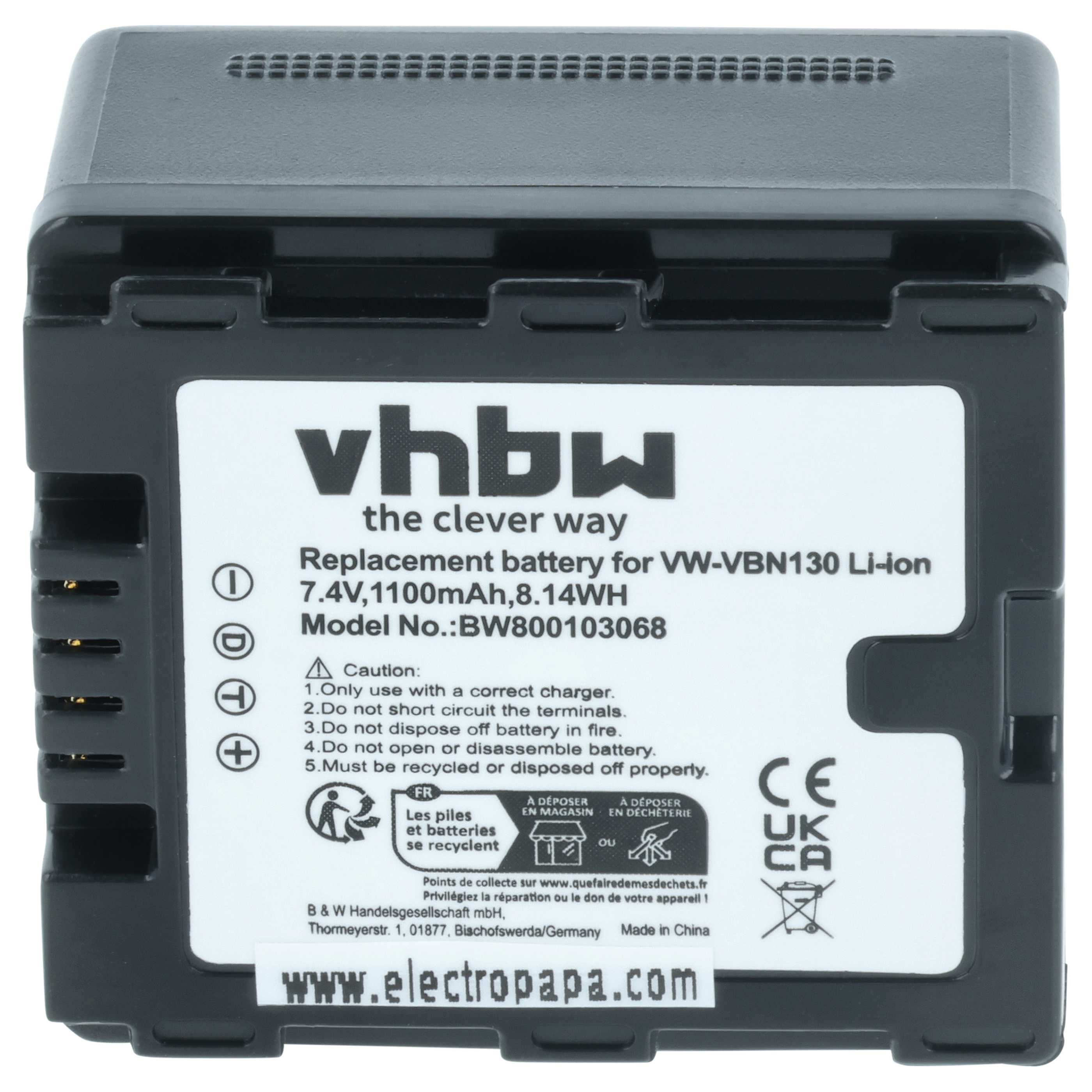 Videocamera 2x Battery replaces Panasonic VW-VBN130E-K, VW-VBN130E, VW-VBN130 - 1100 mAh 7.2 V Li-Ion