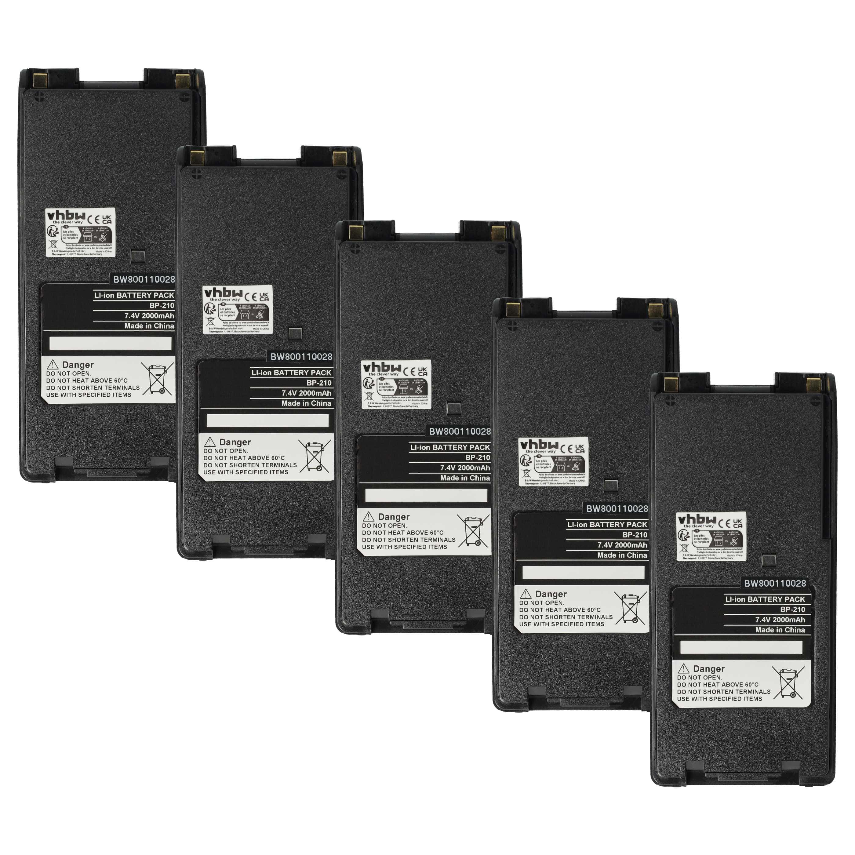 Radio 5x Battery replaces Icom BP-211, BP-210N, BP-210, BP-209N, BP-209 - 2000 mAh 7.4 V Li-Ion + Belt Clip
