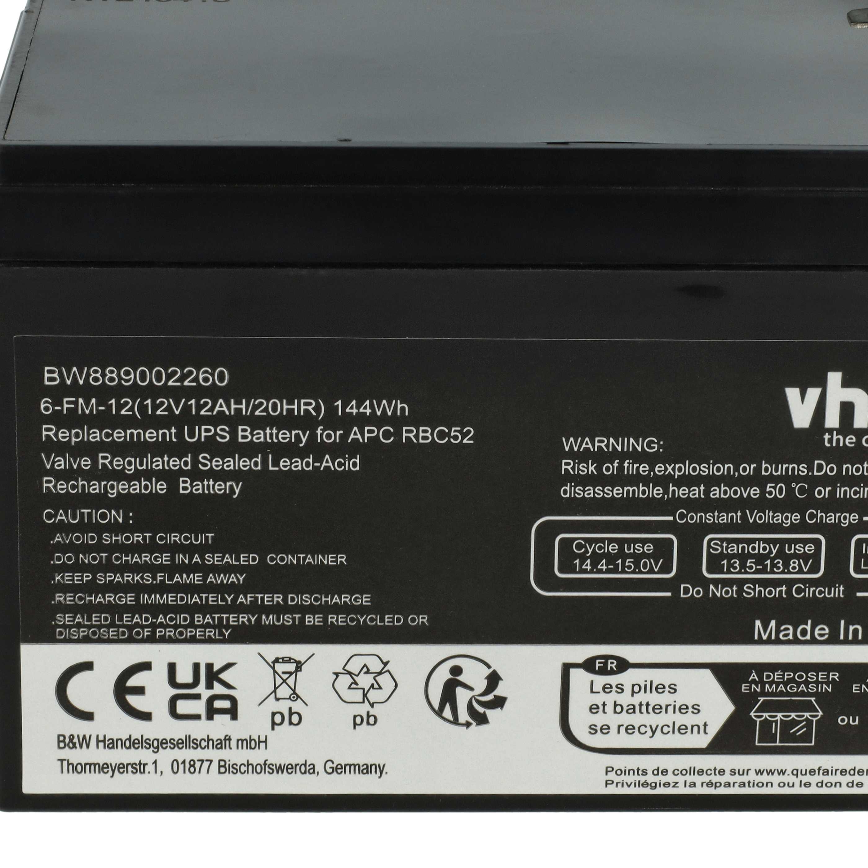 Batterie (2 pcs.) remplace APC AGM07, RBC52 ASI - 12000mAh 12V AGM