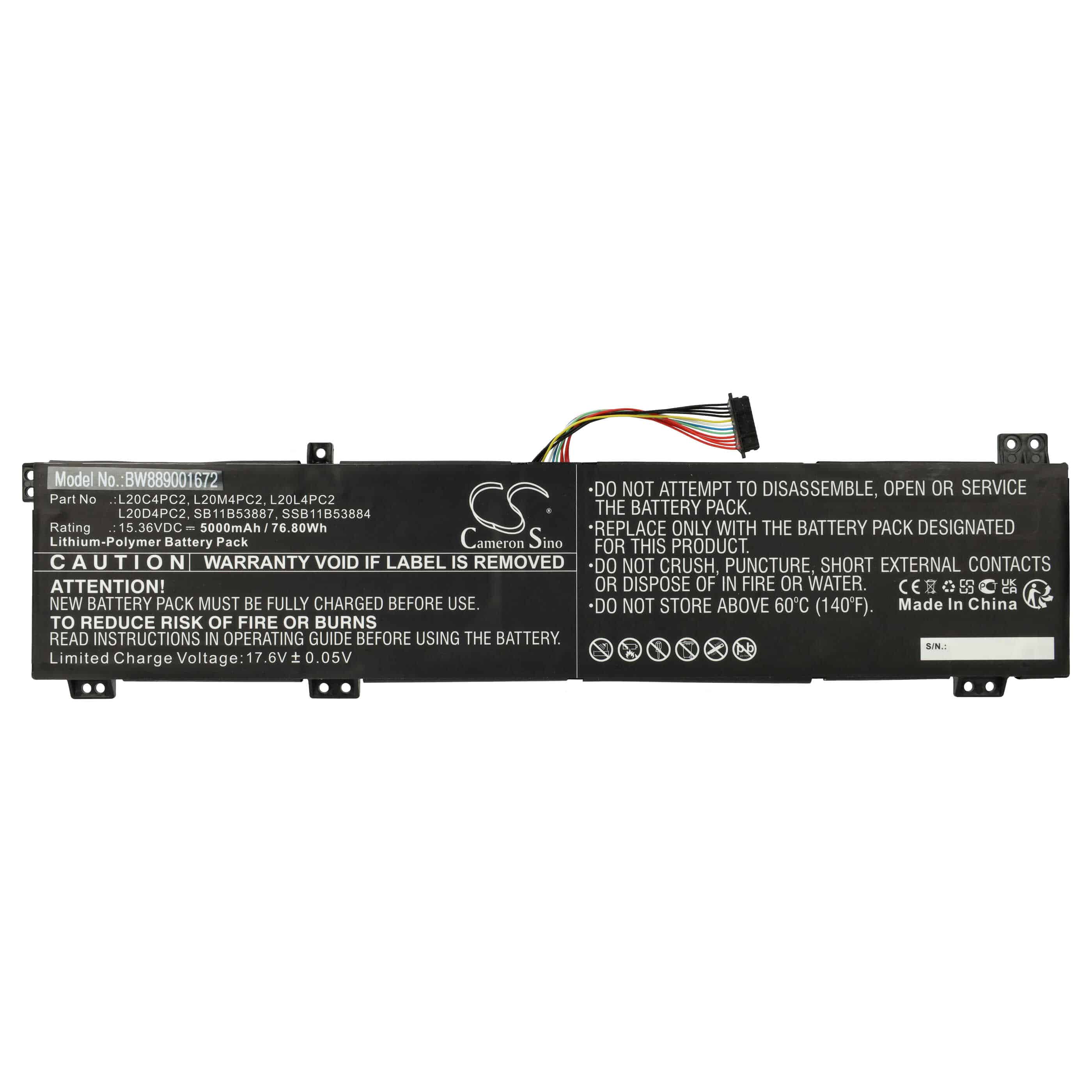Batterie remplace Lenovo L20C4PC2, L20D4PC2, L20L4PC2 pour ordinateur portable - 5000mAh 15,36V Li-polymère