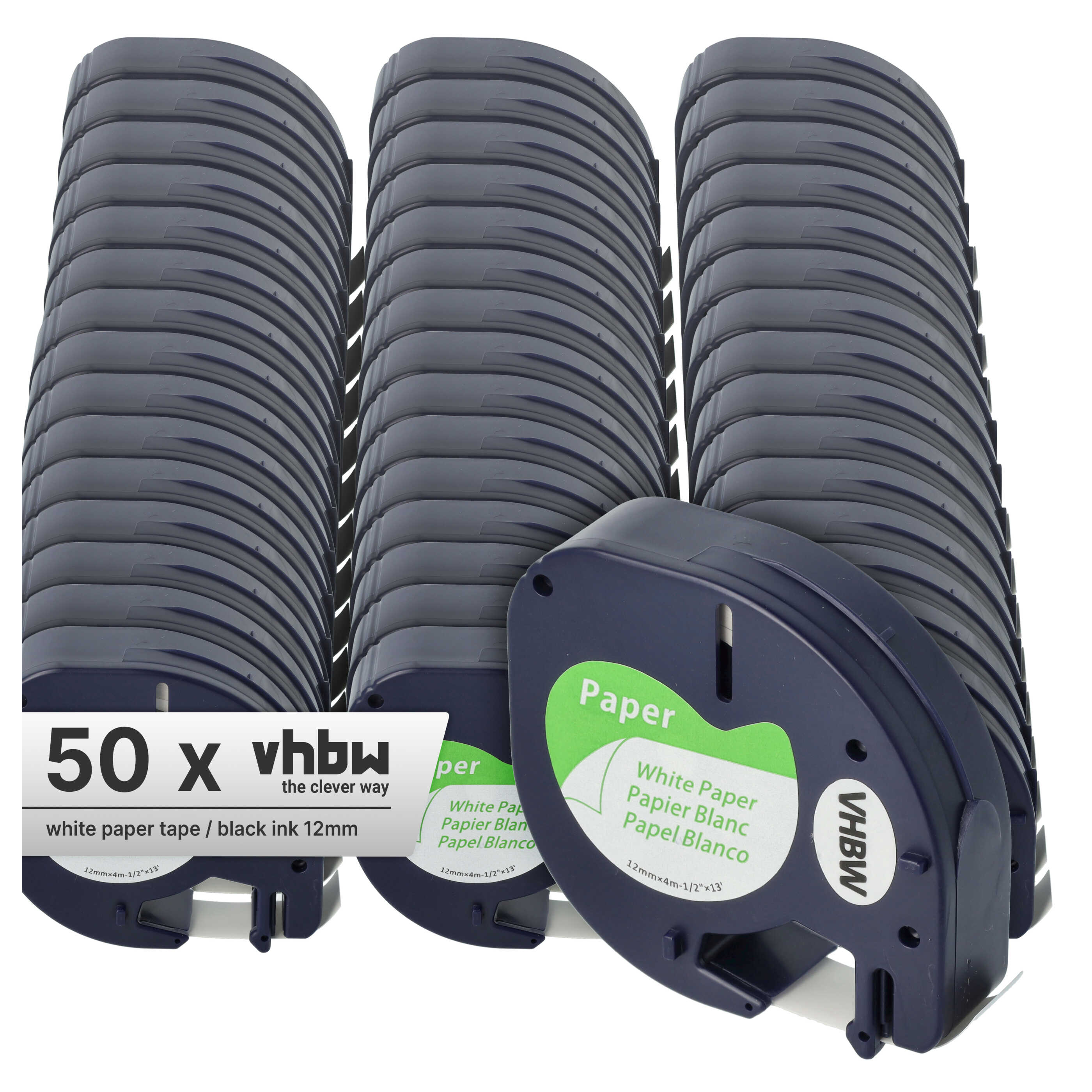 50x Label TapePaper replaces Dymo S0721520, 91200 - 12 mm Black to White