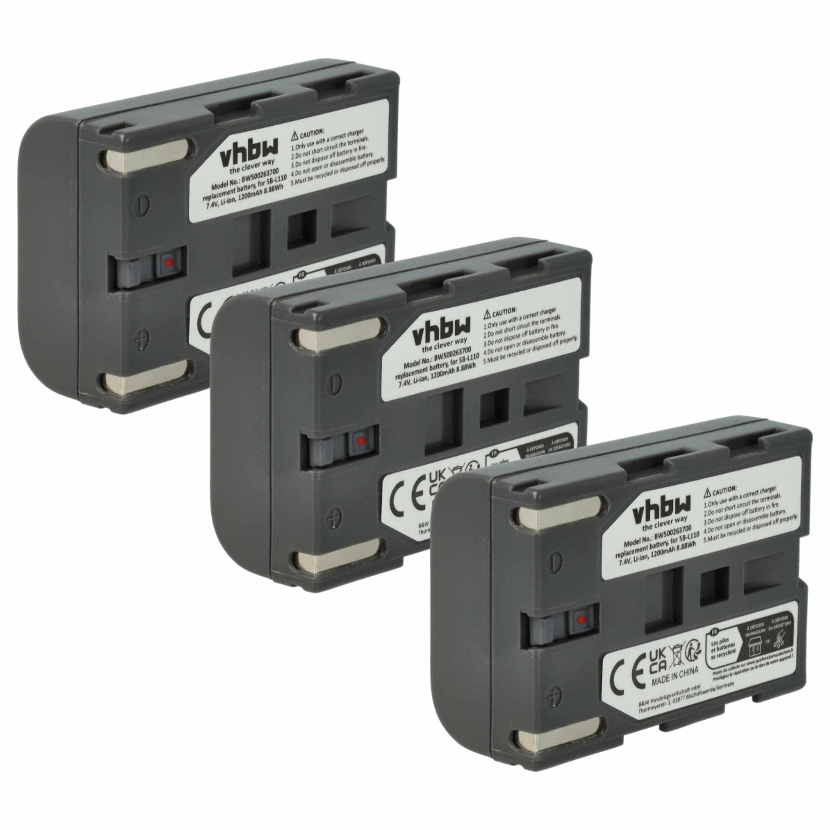 Videocamera 3x Battery replaces Samsung SB-L110, SB-L70R, SB-L70, SB-L70A, BB13-SS014 - 1200 mAh 7.4 V Li-Ion