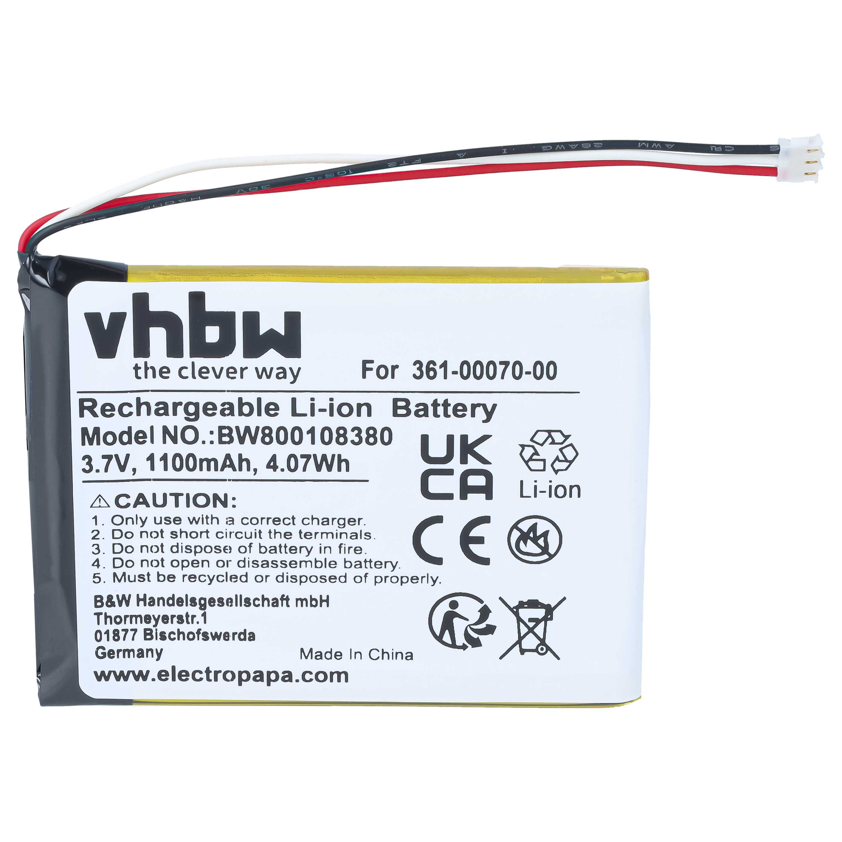GPS Battery replaces Garmin 361-00070-01, 361-00070-00 - 1100mAh, 3.7V