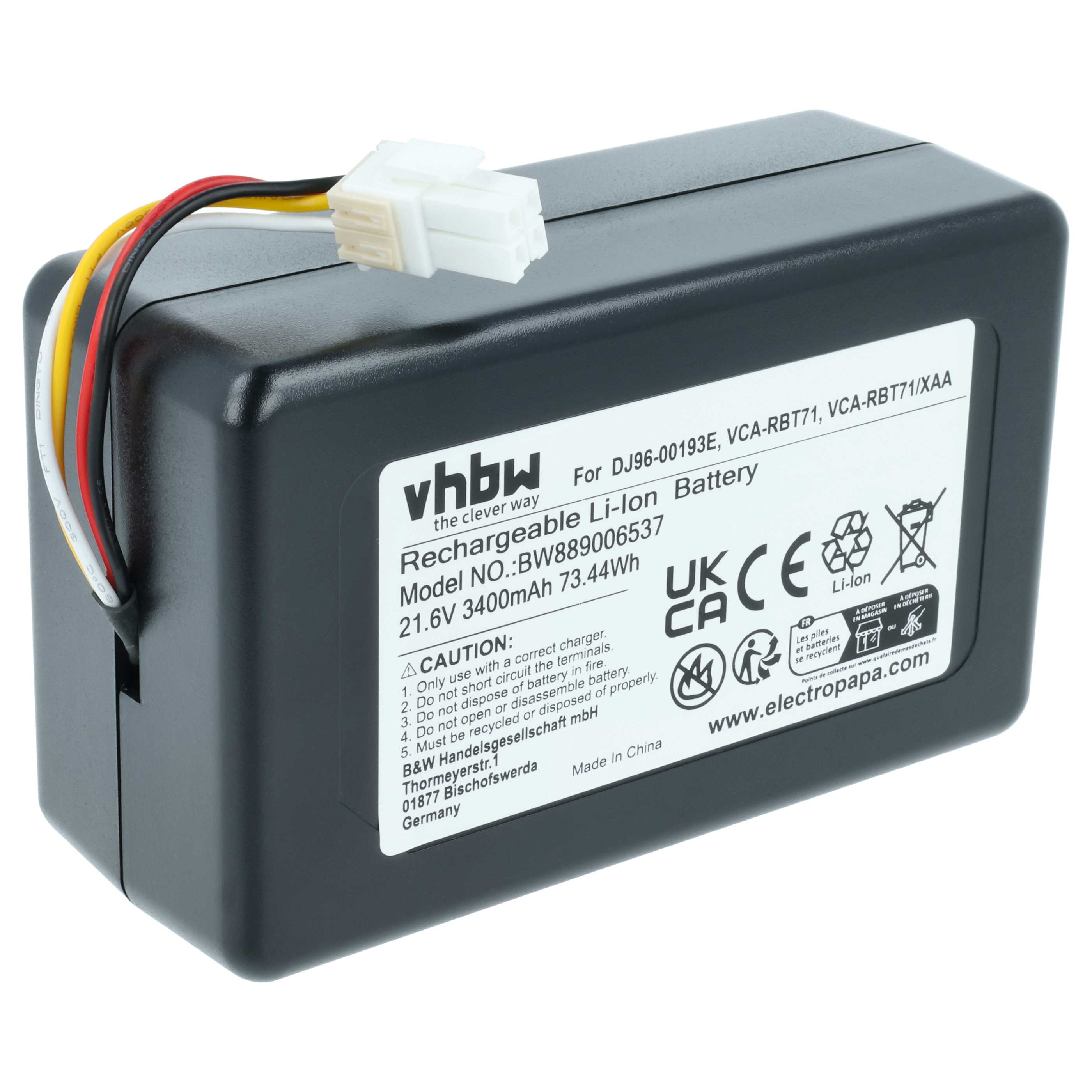 Batteria sostituisce Samsung DJ96-00193E, VCA-RBT71/XAA, VCA-RBT71 per robot aspiratore - 3,4Ah 21,6V Li-Ion