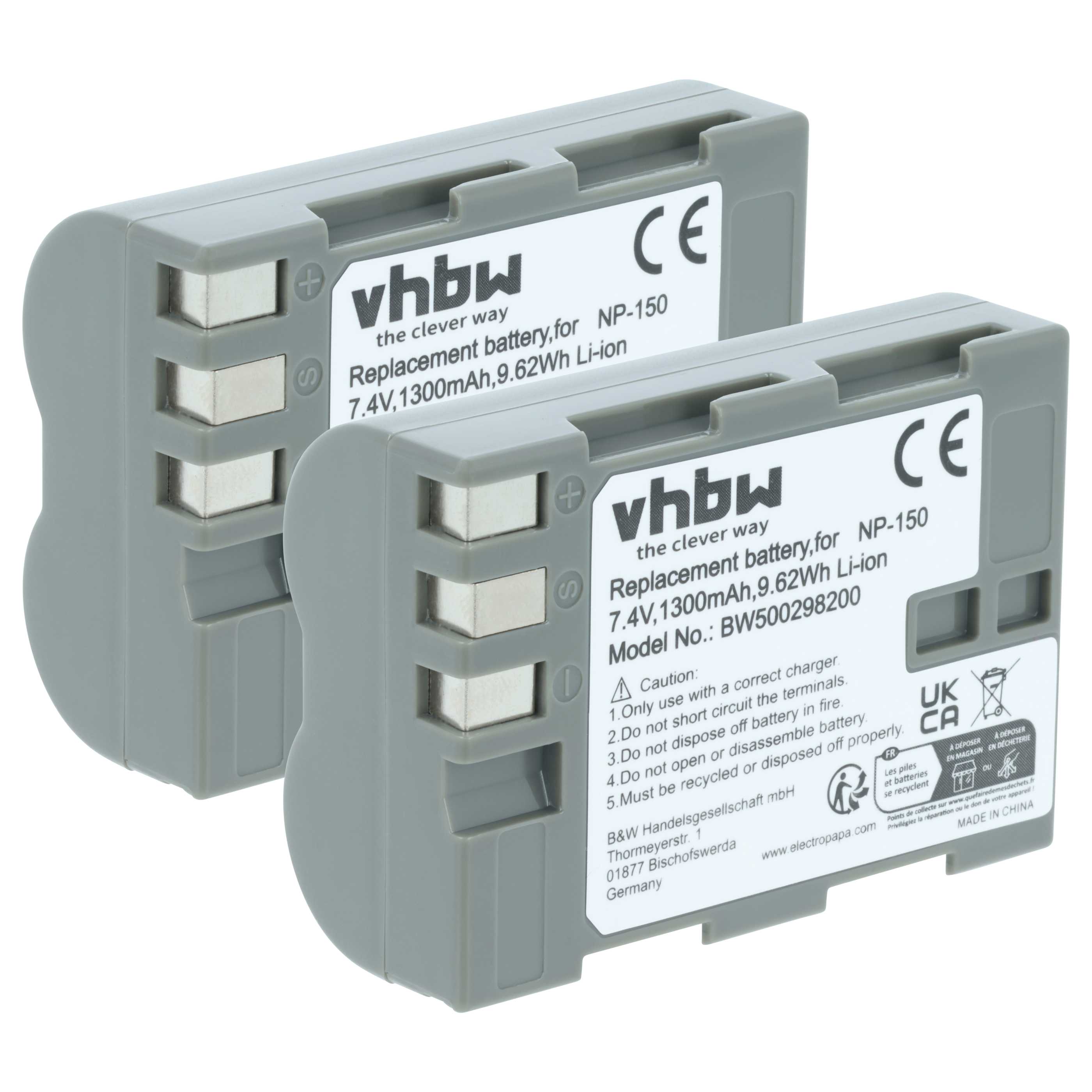 2x Battery replaces Fuji NP-150 - 1300mAh, 7.2V, Li-Ion