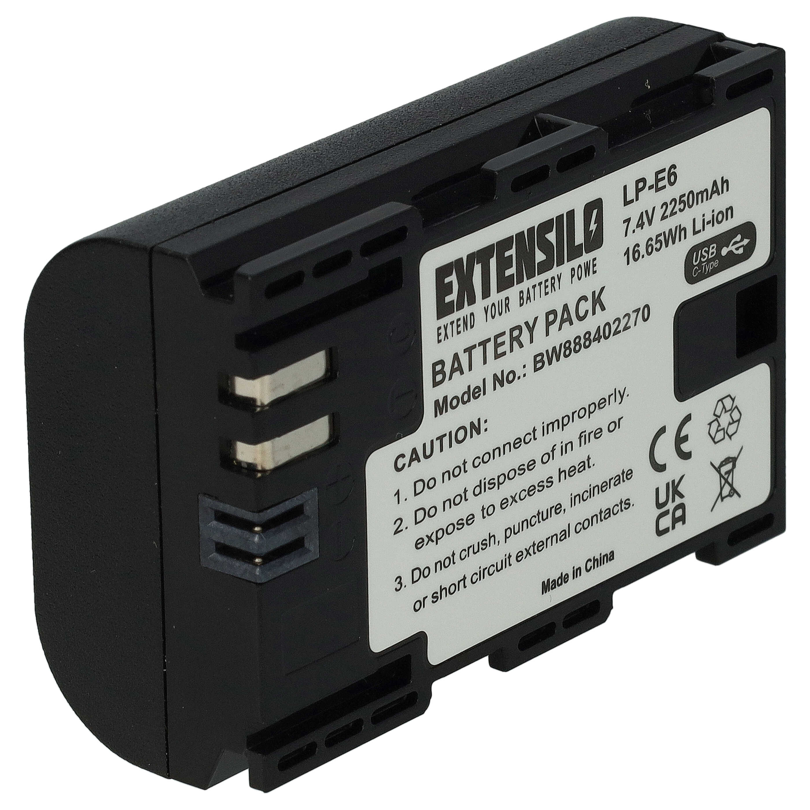 3x Battery replaces Canon LP-E6 - 2250mAh, 7.4V, Li-Ion, with USB C Socket
