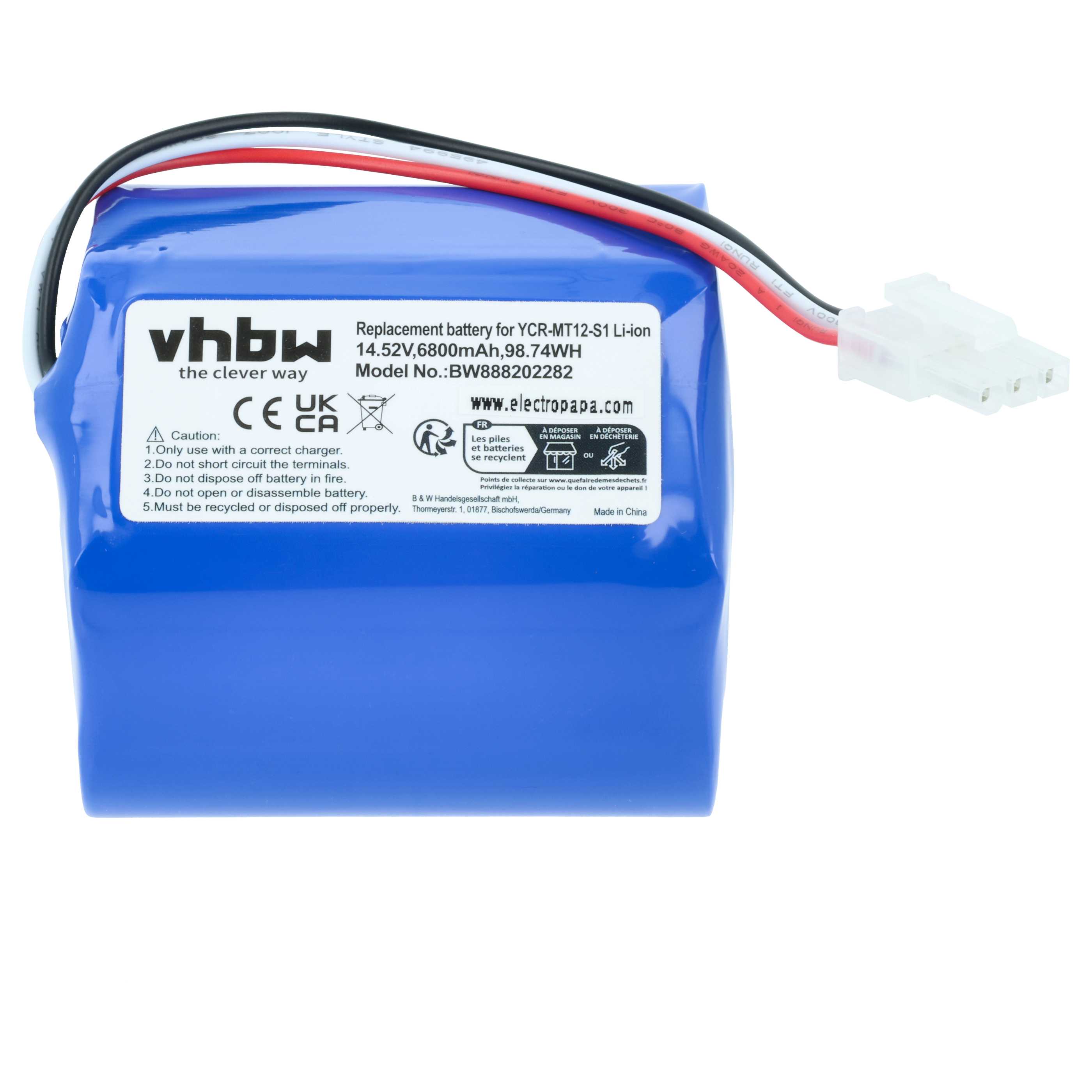 Battery replaces iClebo YCR-MT12-S1, YCR-M07-20W for iClebo etc. 6800mAh, 14.52V, Li-Ion