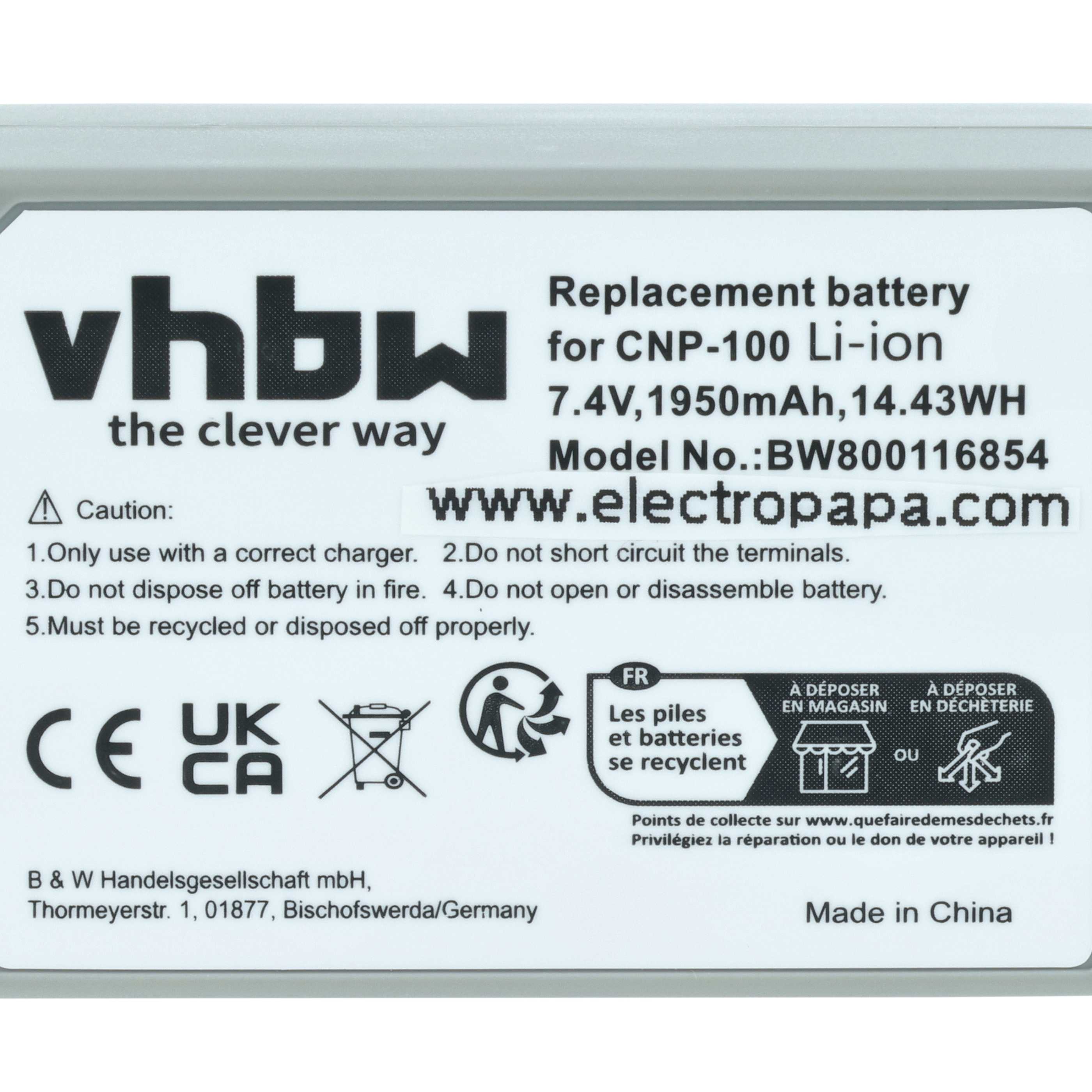 2x Battery replaces Casio NP-100L, NP-100 - 1950mAh, 7.4V, Li-Ion