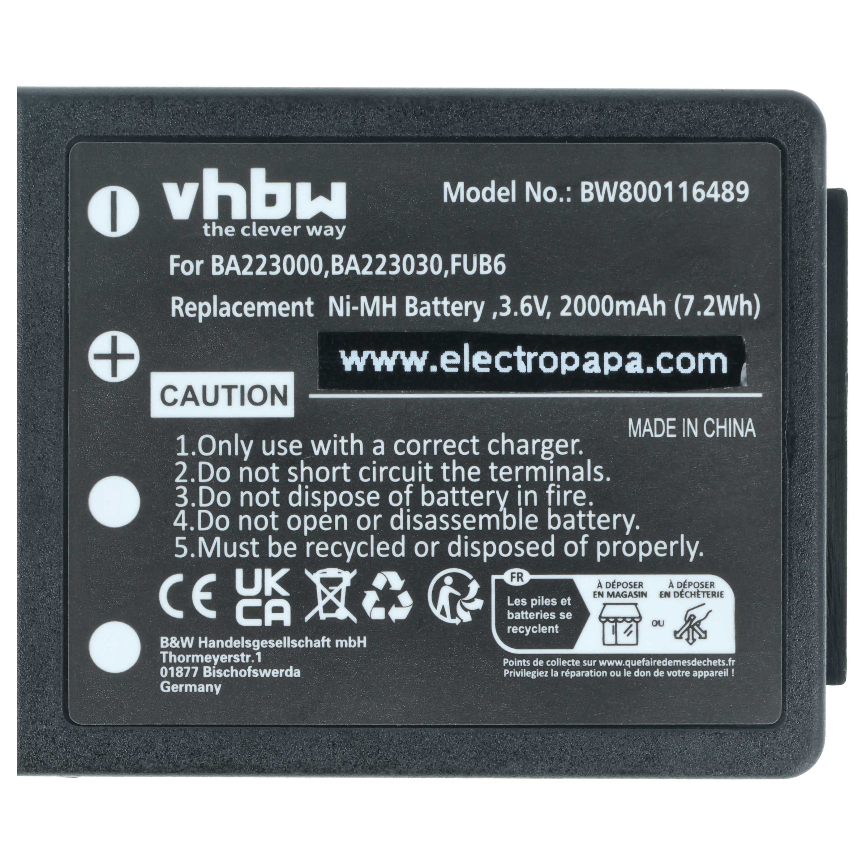 Remote Control 10x Battery replaces HBC FBFUB09N, BA223031, BA223001, BA223000, BA223030 - 2000 mAh 3.6 V NiMH